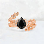 Pear Cut Black Onyx Floral Vine Bridal Ring Set - Additional view