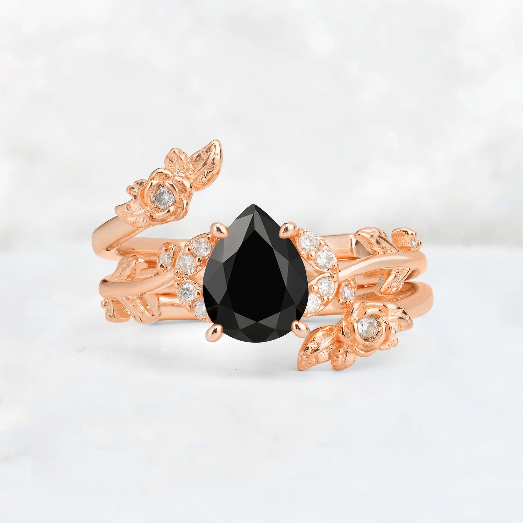 Pear Cut Black Onyx Floral Vine Bridal Ring Set - Additional view