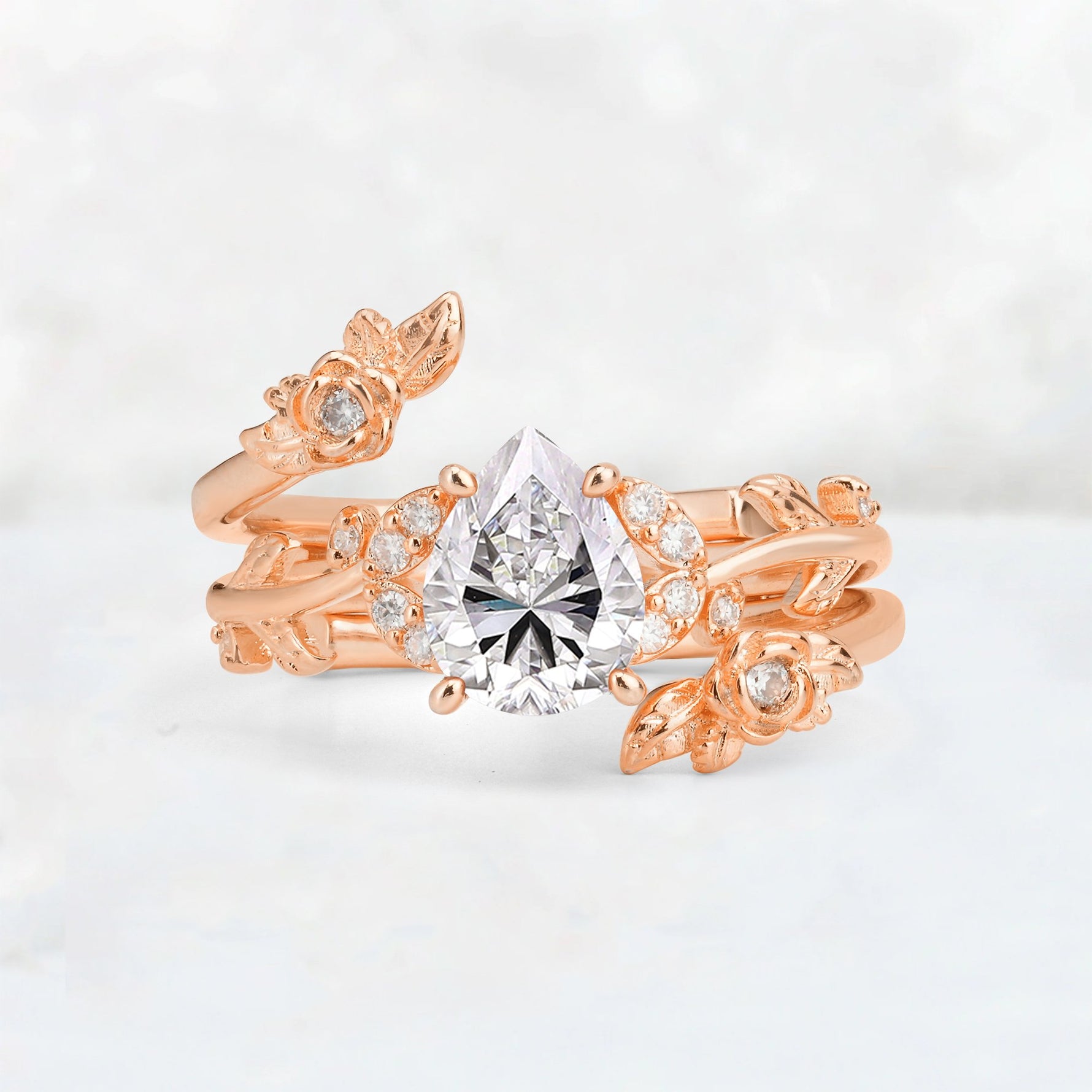 Pear Cut Lab Diamond Floral Vine Bridal Ring Set - Additional view