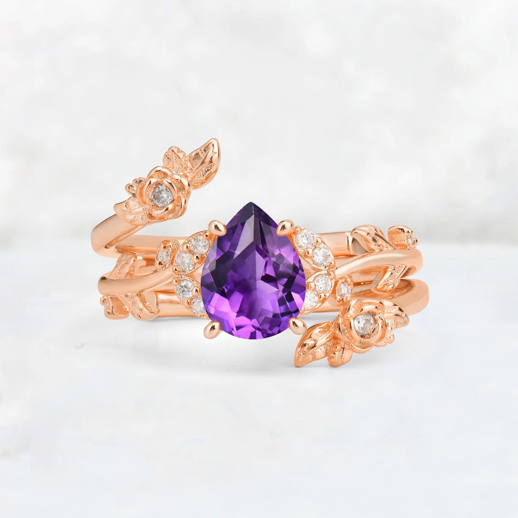 Pear Cut Amethyst Floral Vine Bridal Ring Set - Additional view