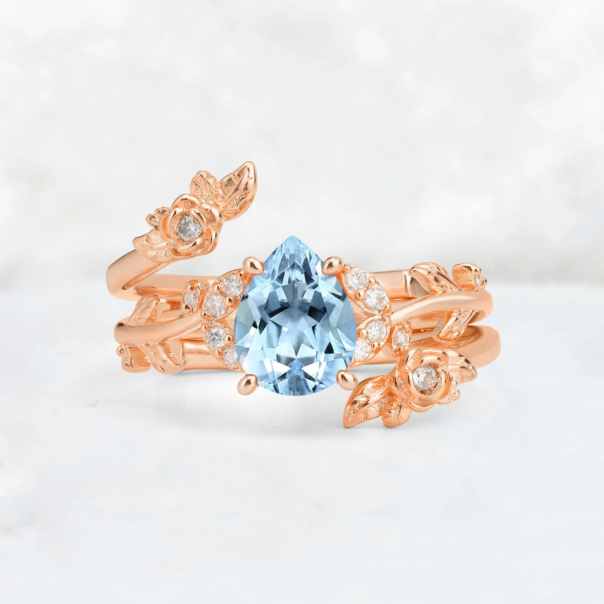 Pear Cut Aquamarine Floral Vine Bridal Ring Set - Additional view