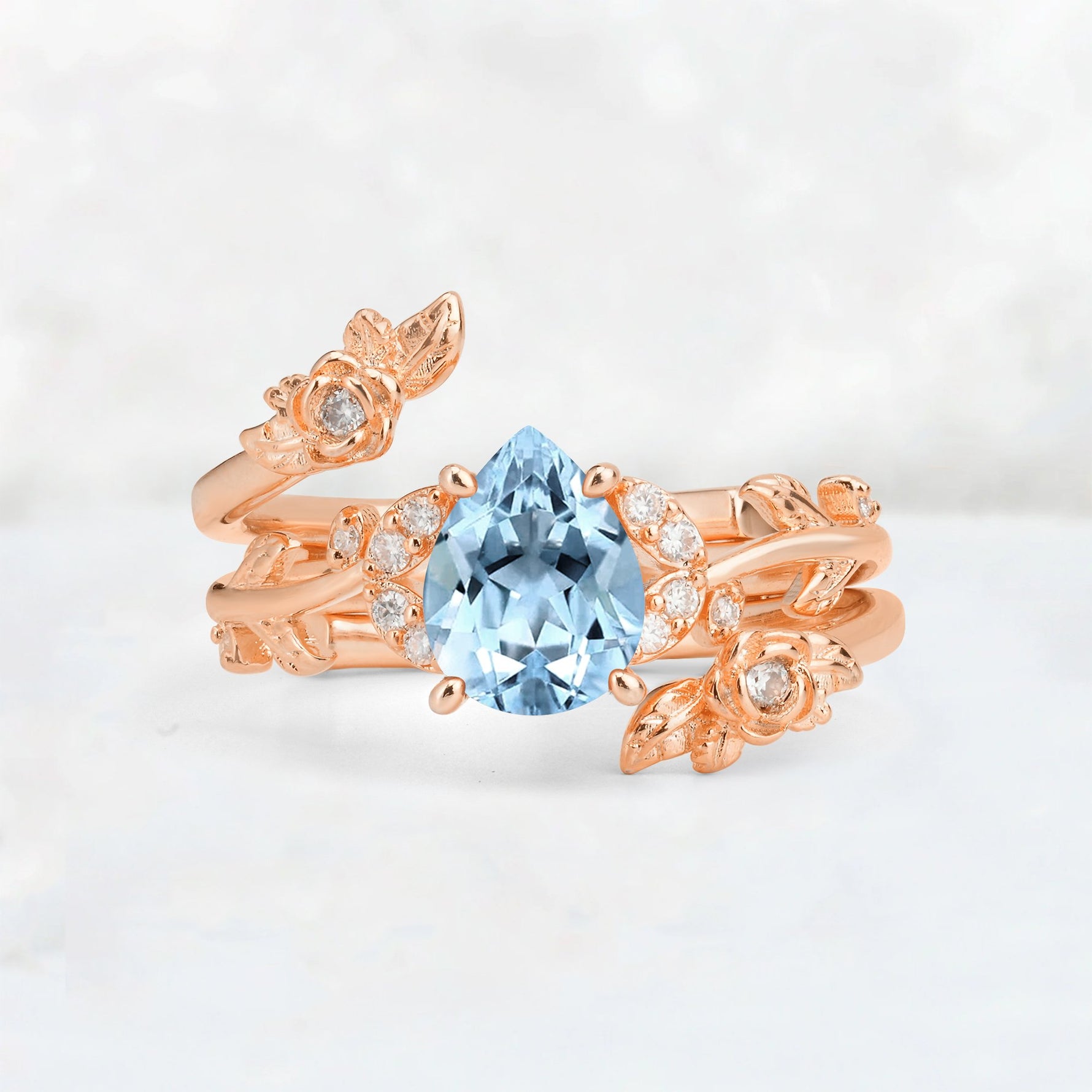 Pear Cut Aquamarine Floral Vine Bridal Ring Set - Additional view