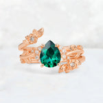 Pear Cut Emerald Floral Vine Bridal Ring Set - Additional view