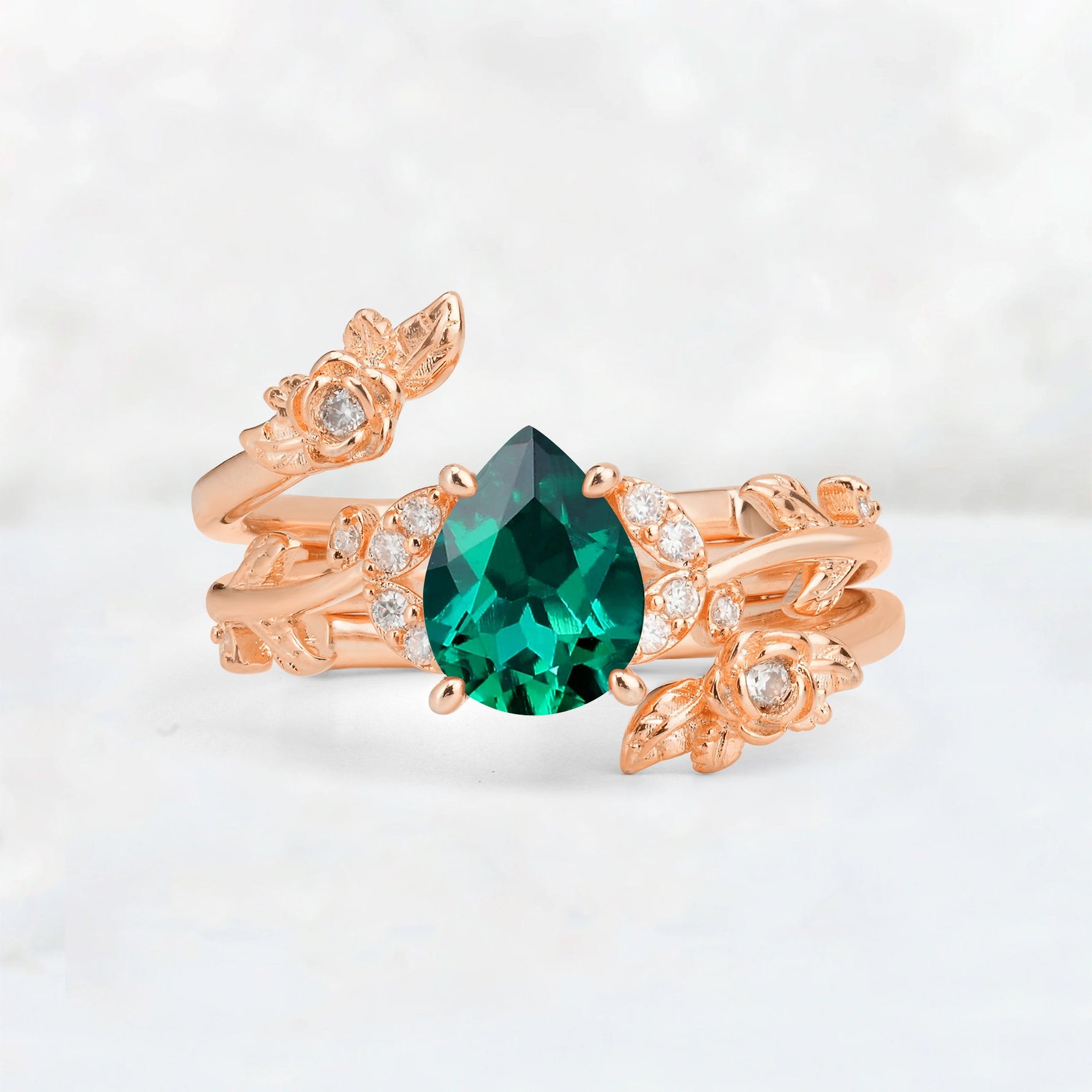 Pear Cut Emerald Floral Vine Bridal Ring Set - Additional view