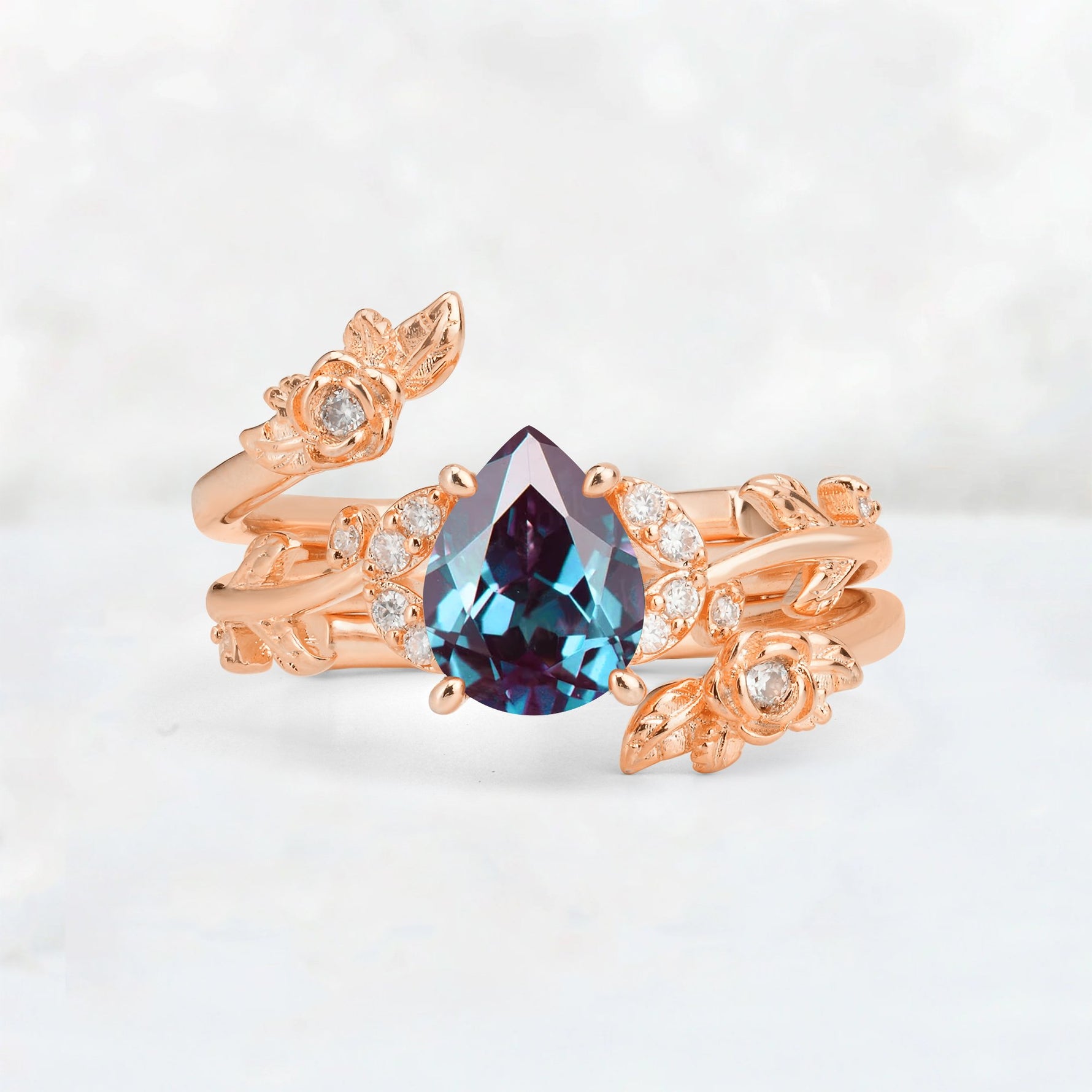 Pear Cut Alexandrite Floral Vine Bridal Ring Set - Additional view