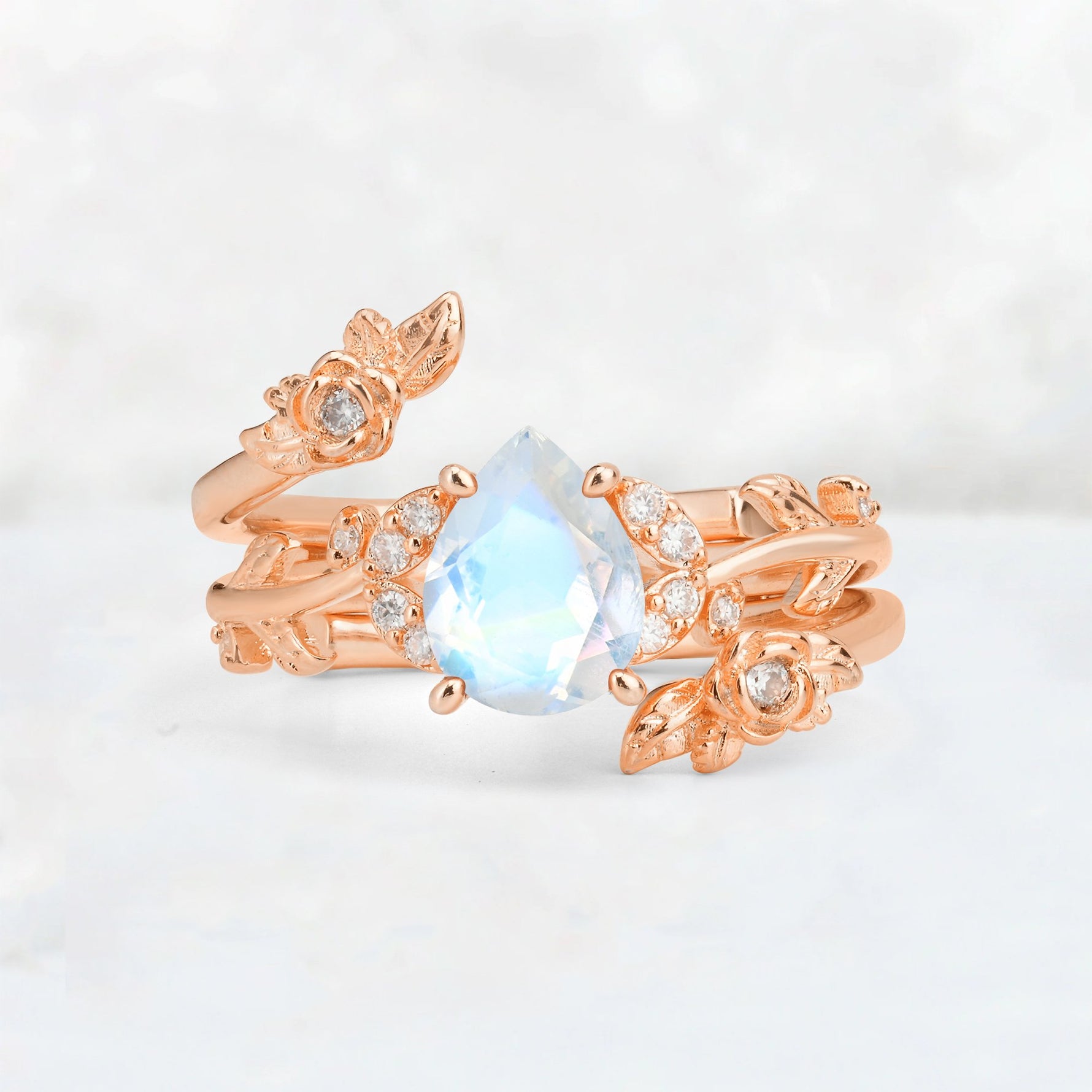 Pear Cut Moonstone Floral Vine Bridal Ring Set - Additional view