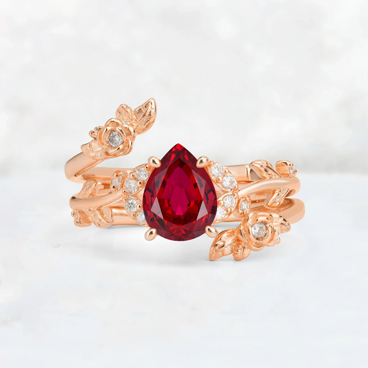Pear Cut Ruby Floral Vine Bridal Ring Set - Additional view