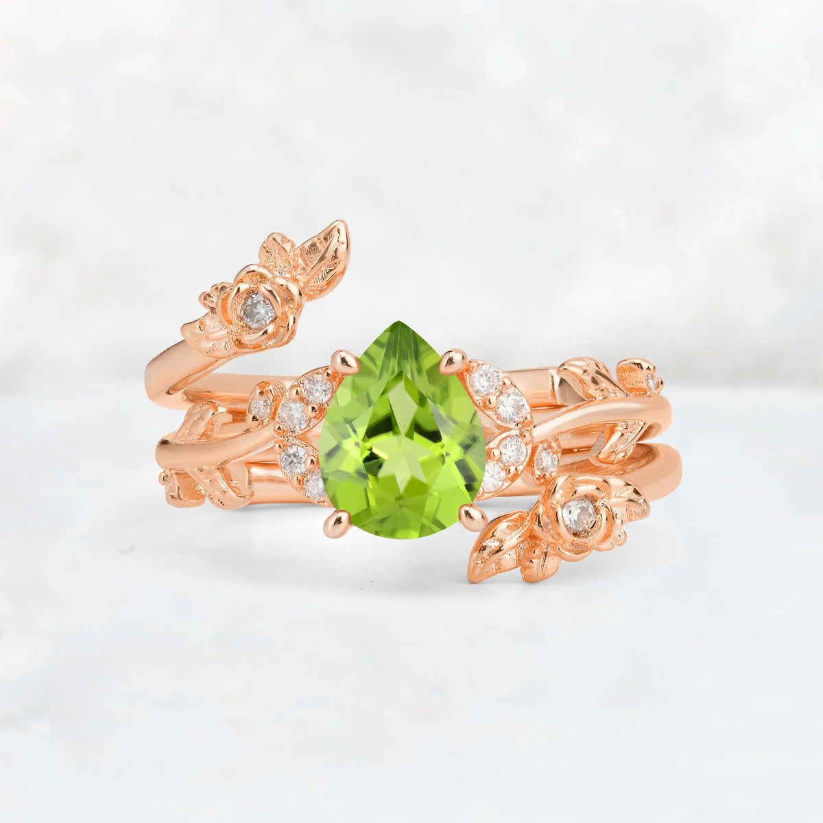 Pear Cut Peridot Floral Vine Bridal Ring Set - Additional view