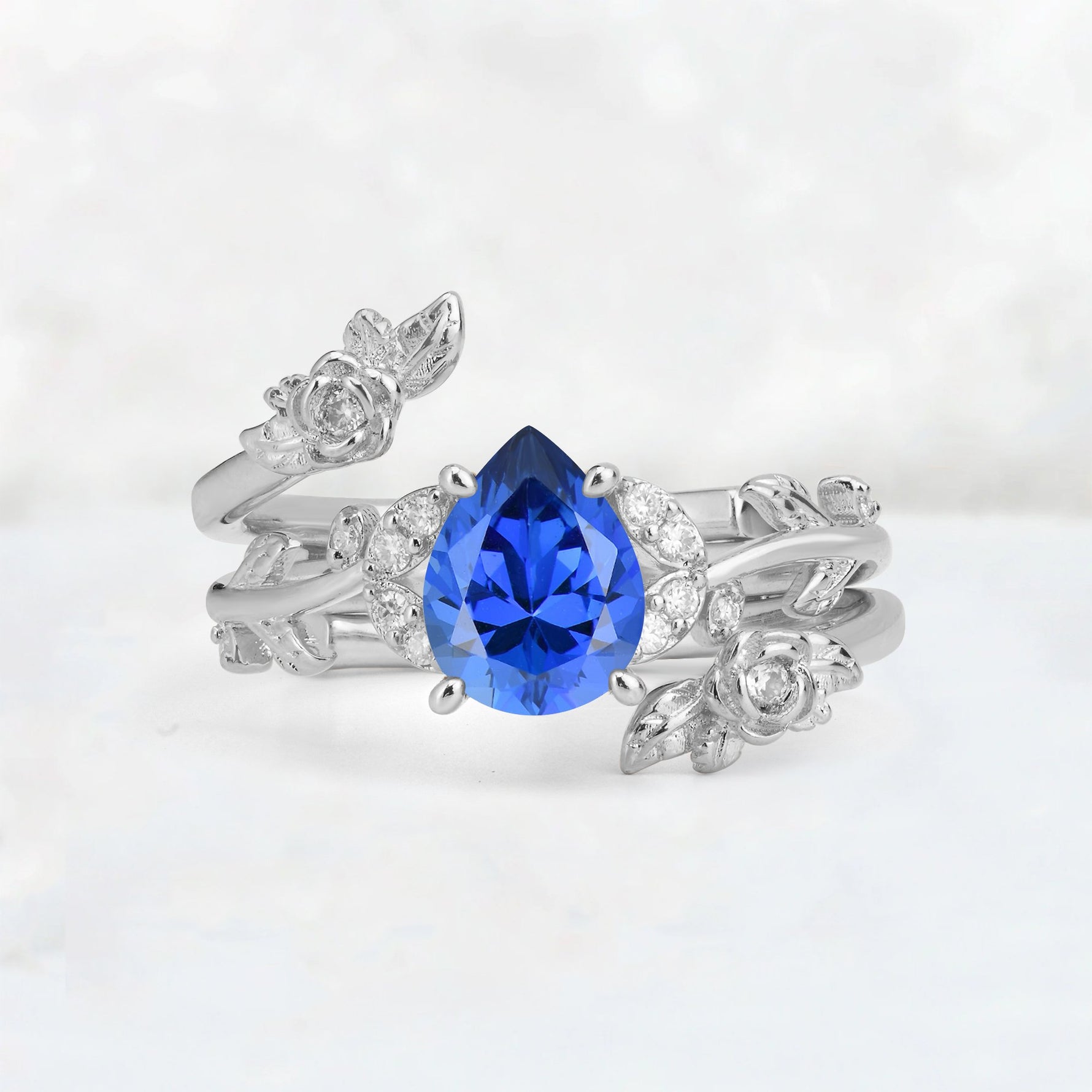 Pear Cut Sapphire Floral Vine Bridal Ring Set - Additional view