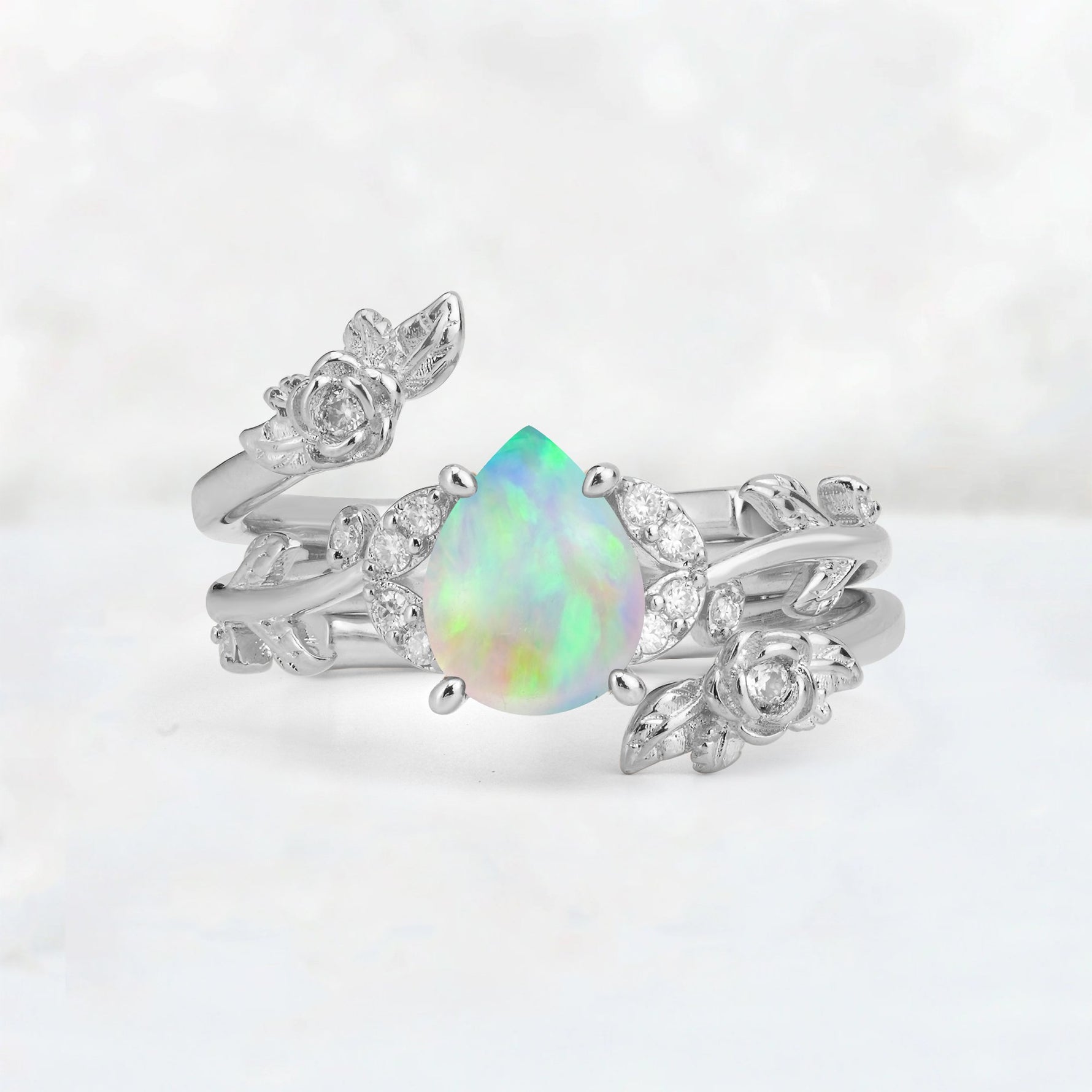 Pear Cut Fire Opal Floral Vine Bridal Ring Set - Additional view