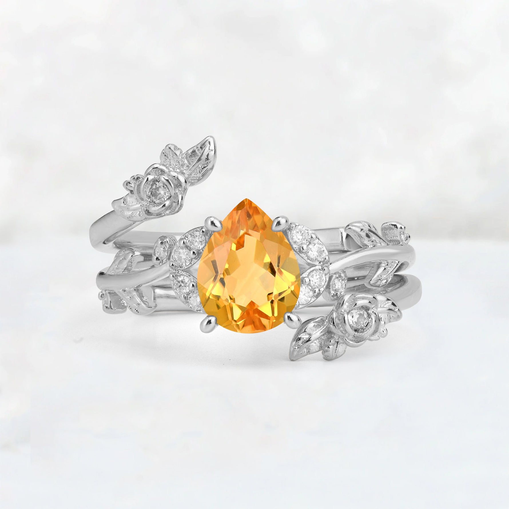 Pear Cut Citrine Floral Vine Bridal Ring Set - Additional view