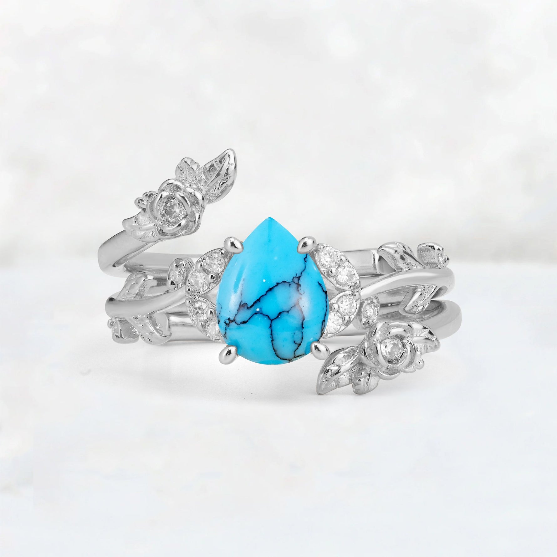 Pear Cut Turquoise Floral Vine Bridal Ring Set - Additional view