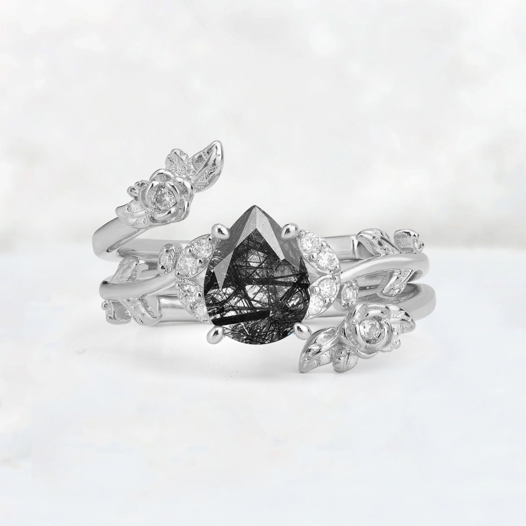 Pear Cut Black Rutilated Quartz Floral Vine Bridal Ring Set - Additional view