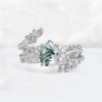 Pear Cut Moss Agate Floral Vine Bridal Ring Set - Additional view
