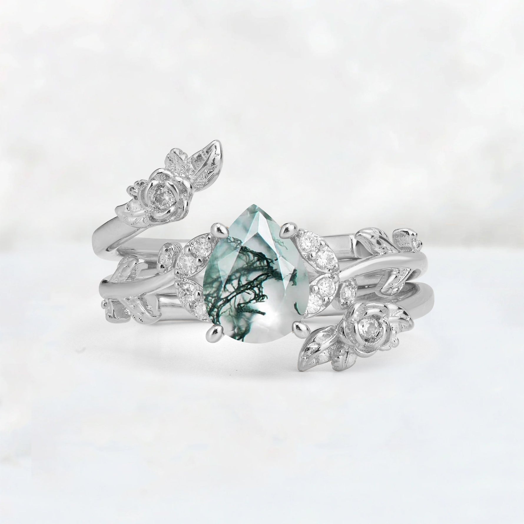 Pear Cut Moss Agate Floral Vine Bridal Ring Set - Additional view