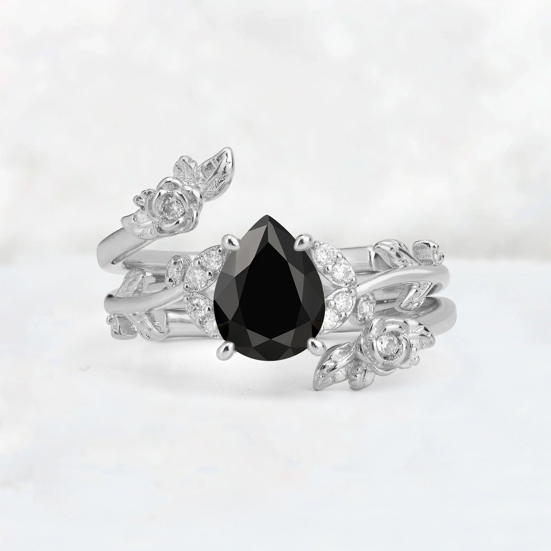 Pear Cut Black Onyx Floral Vine Bridal Ring Set - Additional view