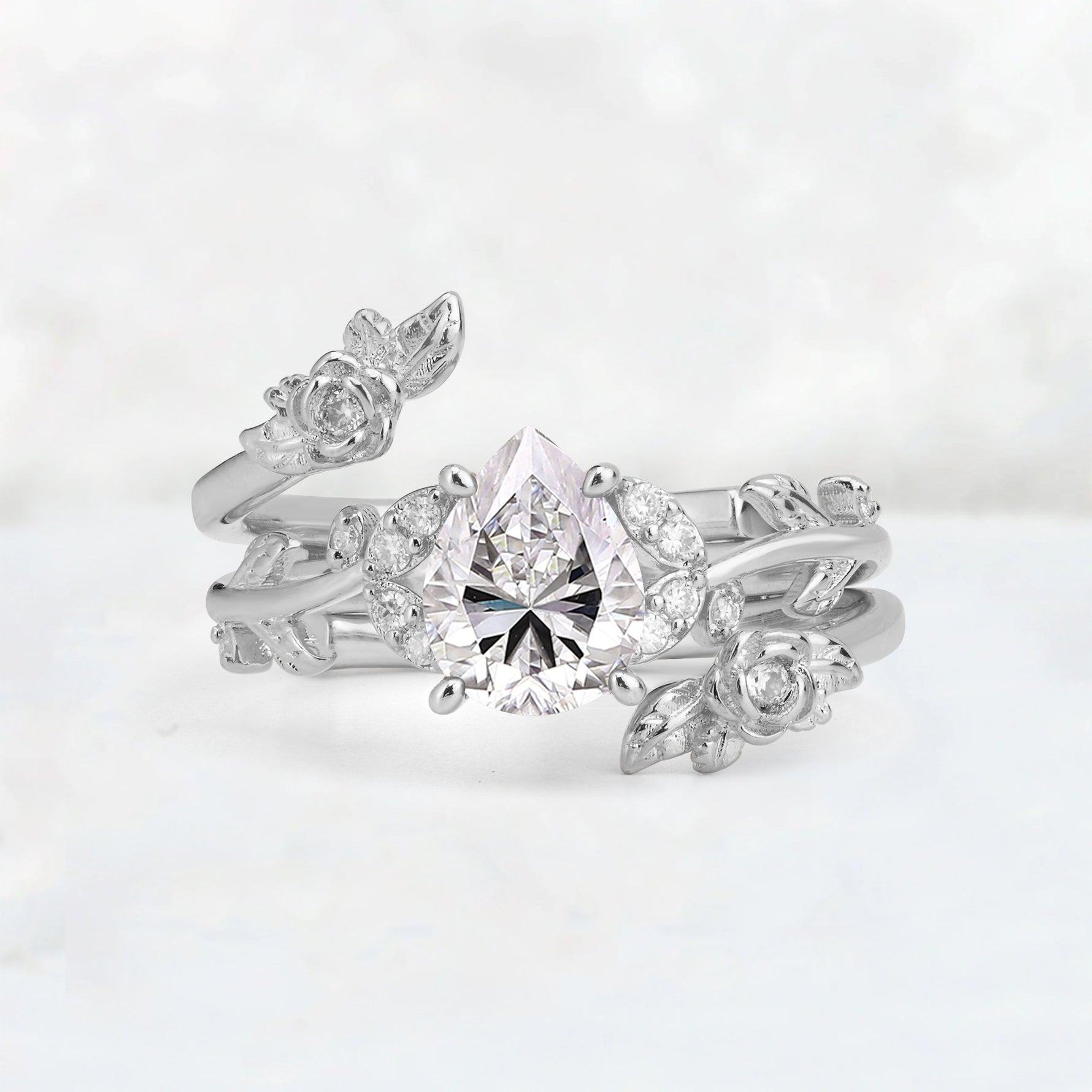 Pear Cut Lab Diamond Floral Vine Bridal Ring Set - Additional view