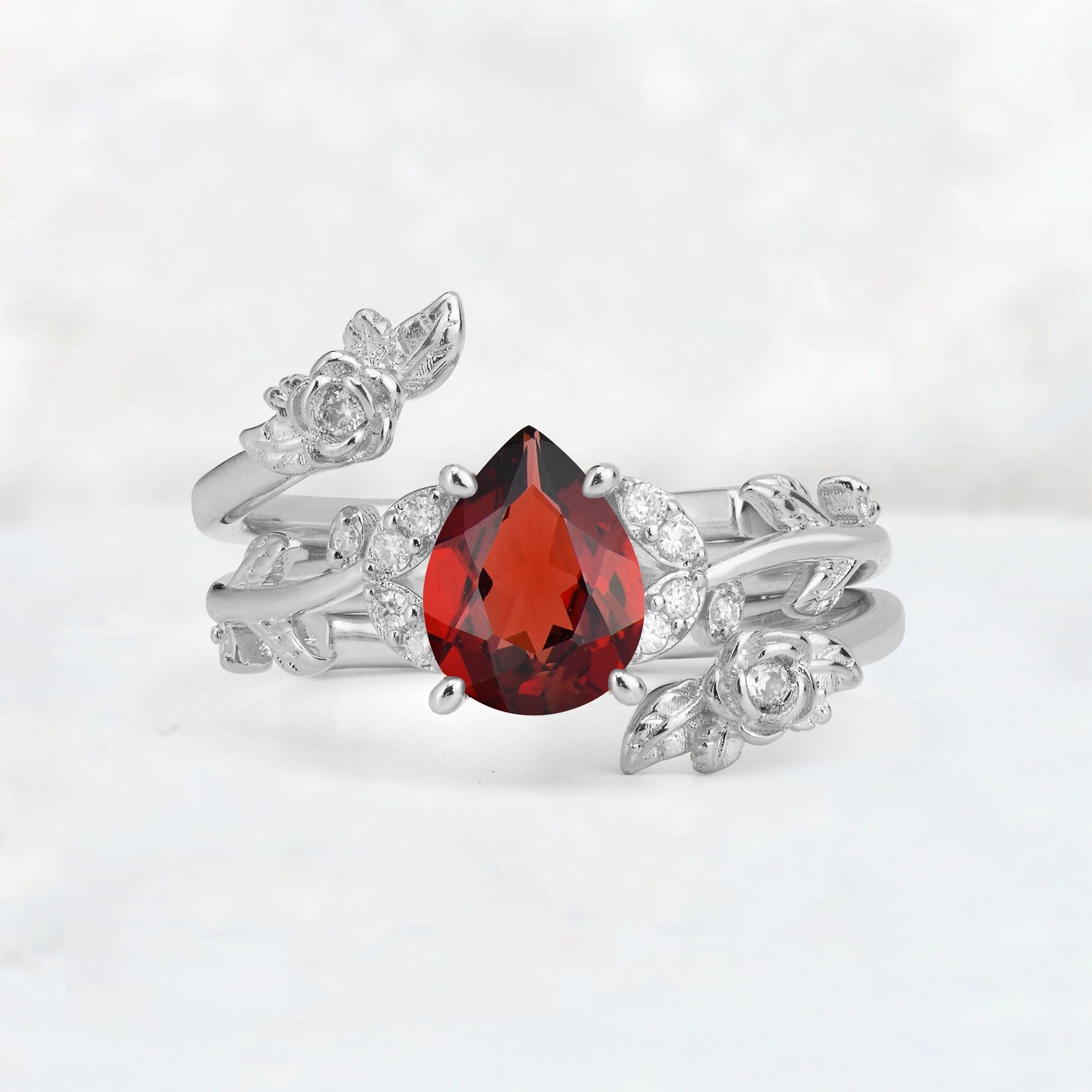 Pear Cut Garnet Floral Vine Bridal Ring Set - Additional view