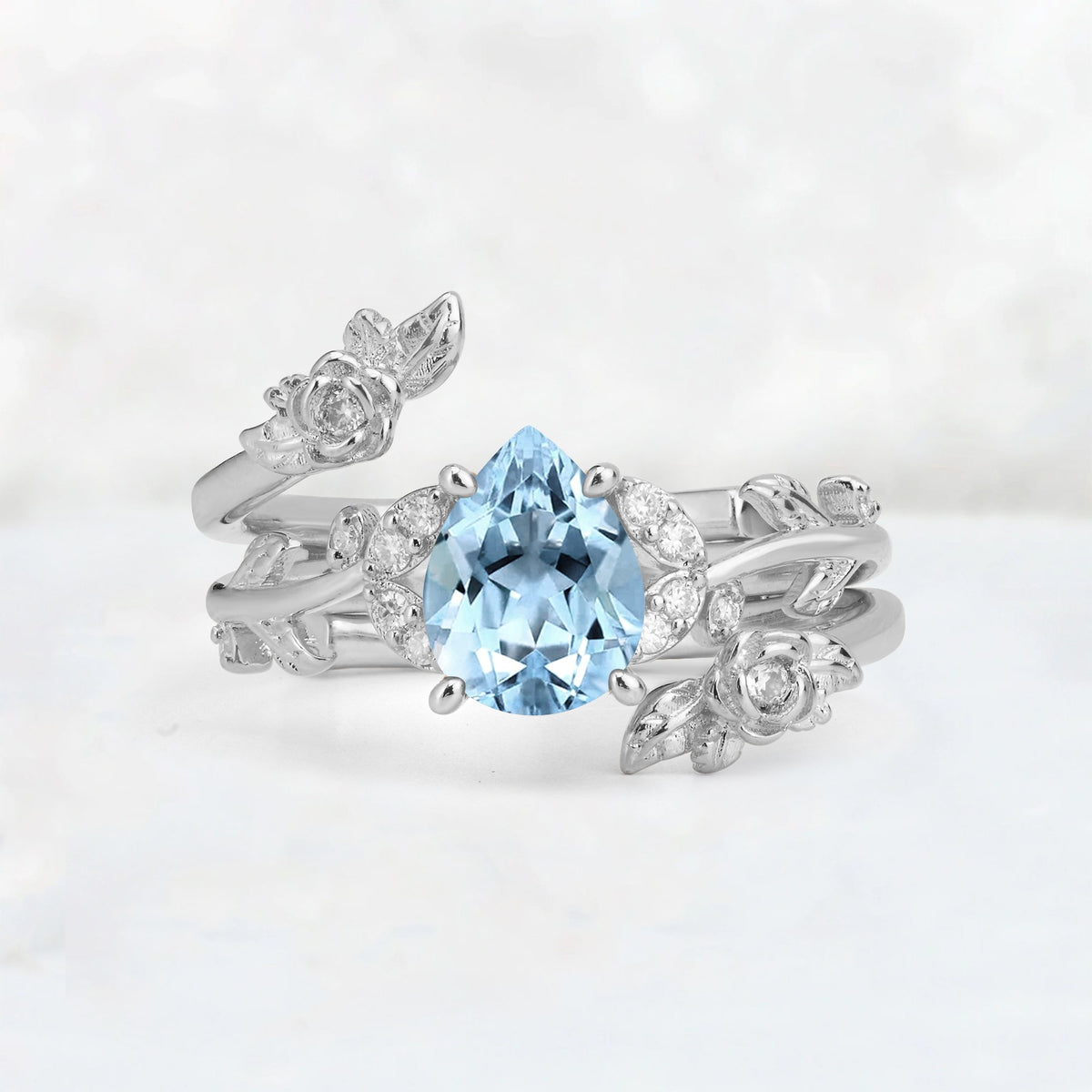 Pear Cut Aquamarine Floral Vine Bridal Ring Set - Additional view