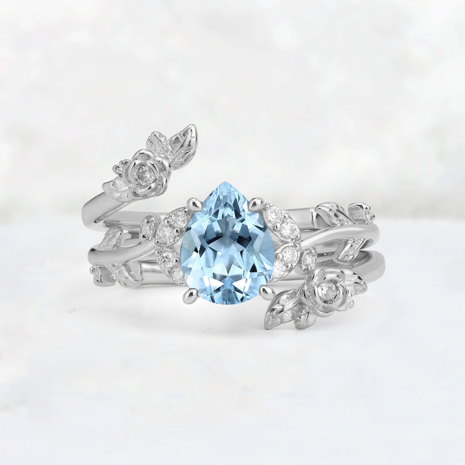 Pear Cut Aquamarine Floral Vine Bridal Ring Set - Additional view