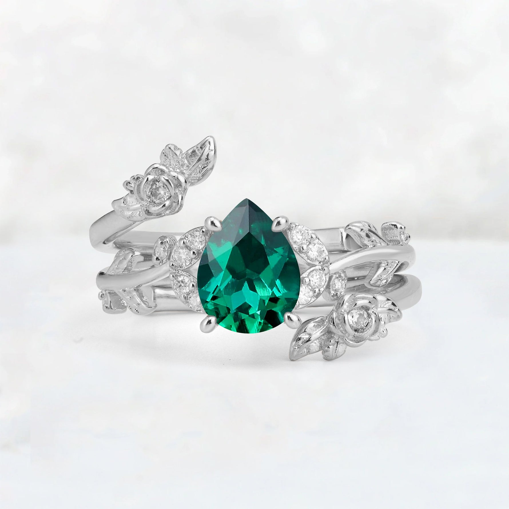 Pear Cut Emerald Floral Vine Bridal Ring Set - Additional view