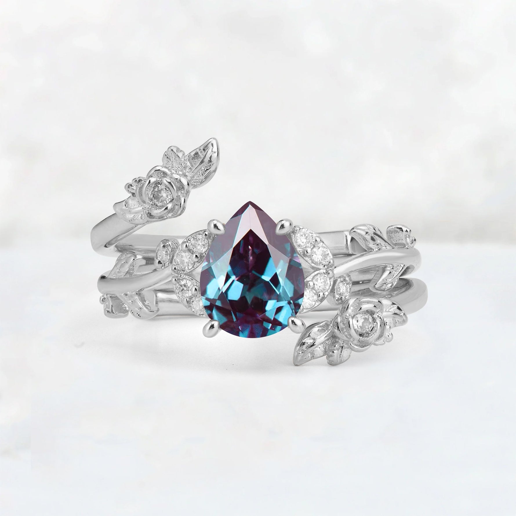 Pear Cut Alexandrite Floral Vine Bridal Ring Set - Additional view