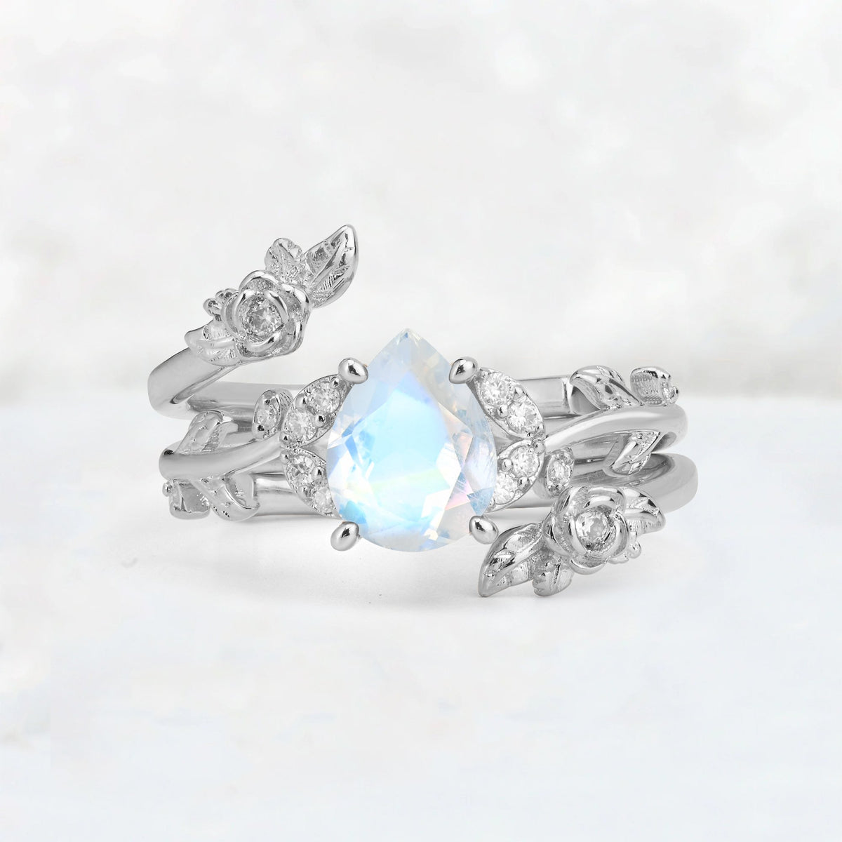 Pear Cut Moonstone Floral Vine Bridal Ring Set - Additional view