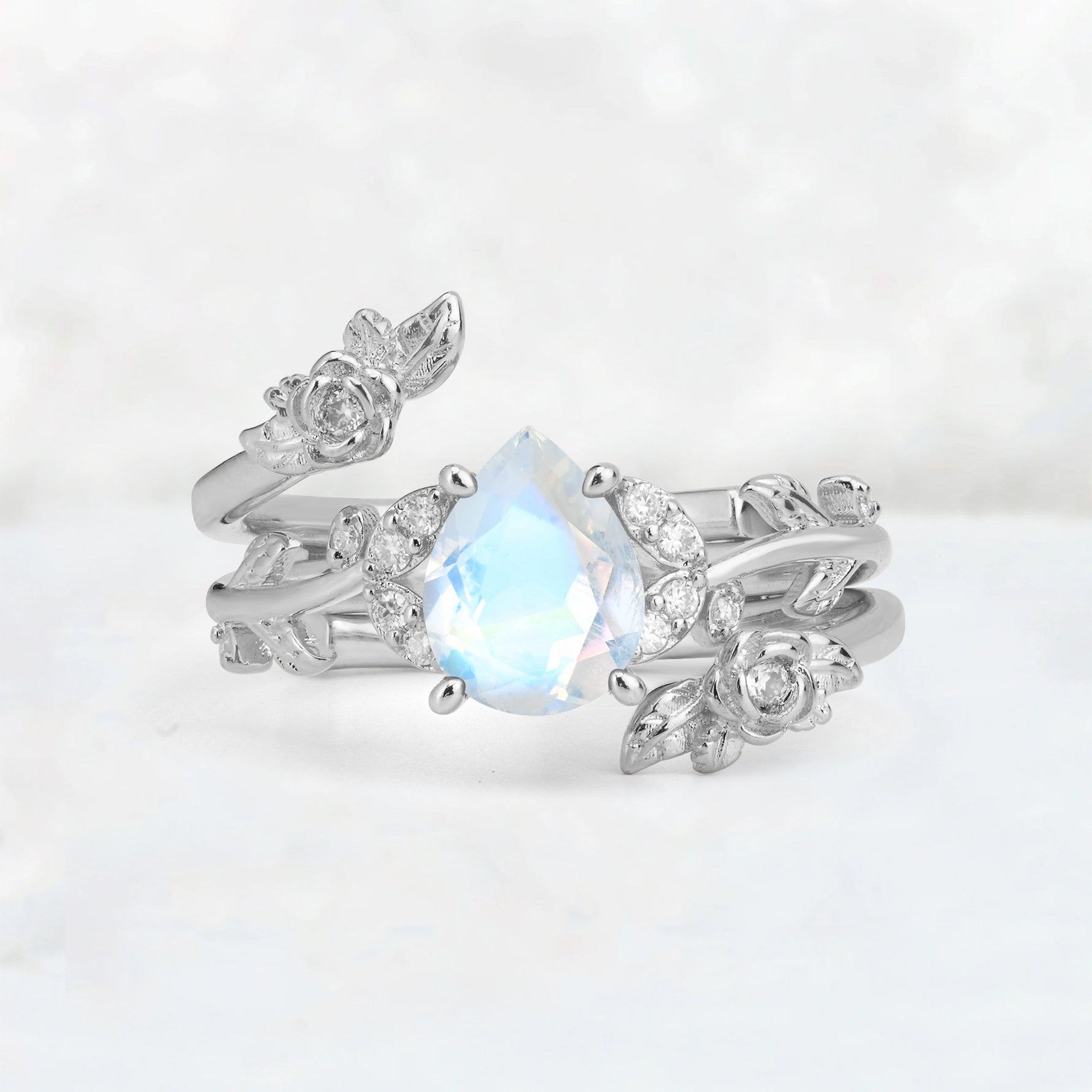 Pear Cut Moonstone Floral Vine Bridal Ring Set - Additional view