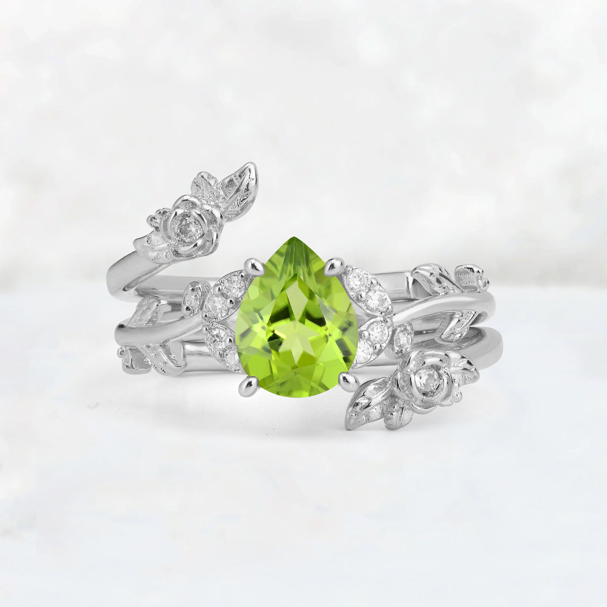 Pear Cut Peridot Floral Vine Bridal Ring Set - Additional view