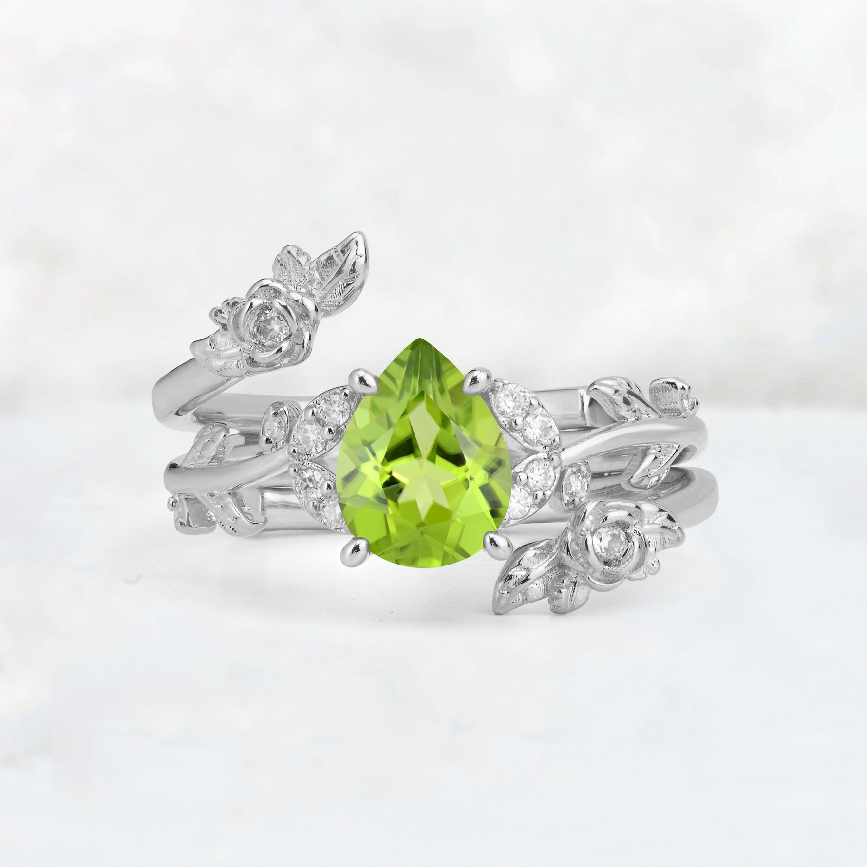 Pear Cut Peridot Floral Vine Bridal Ring Set - Additional view