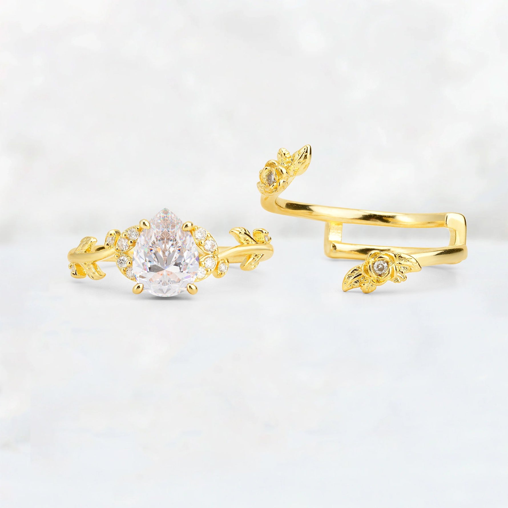 Pear Cut Moissanite Floral Vine Bridal Ring Set - Additional view