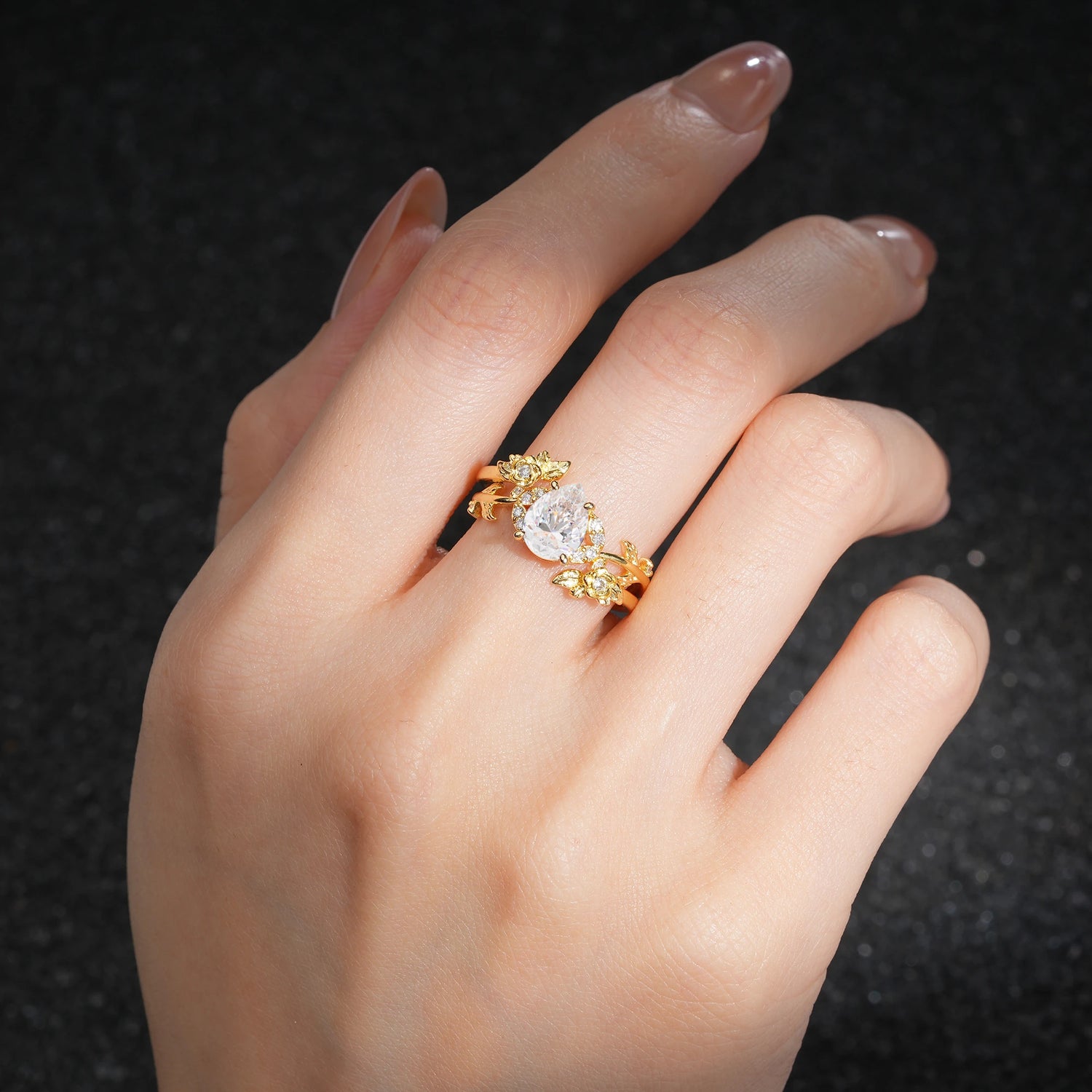 Pear Cut Moissanite Floral Vine Bridal Ring Set