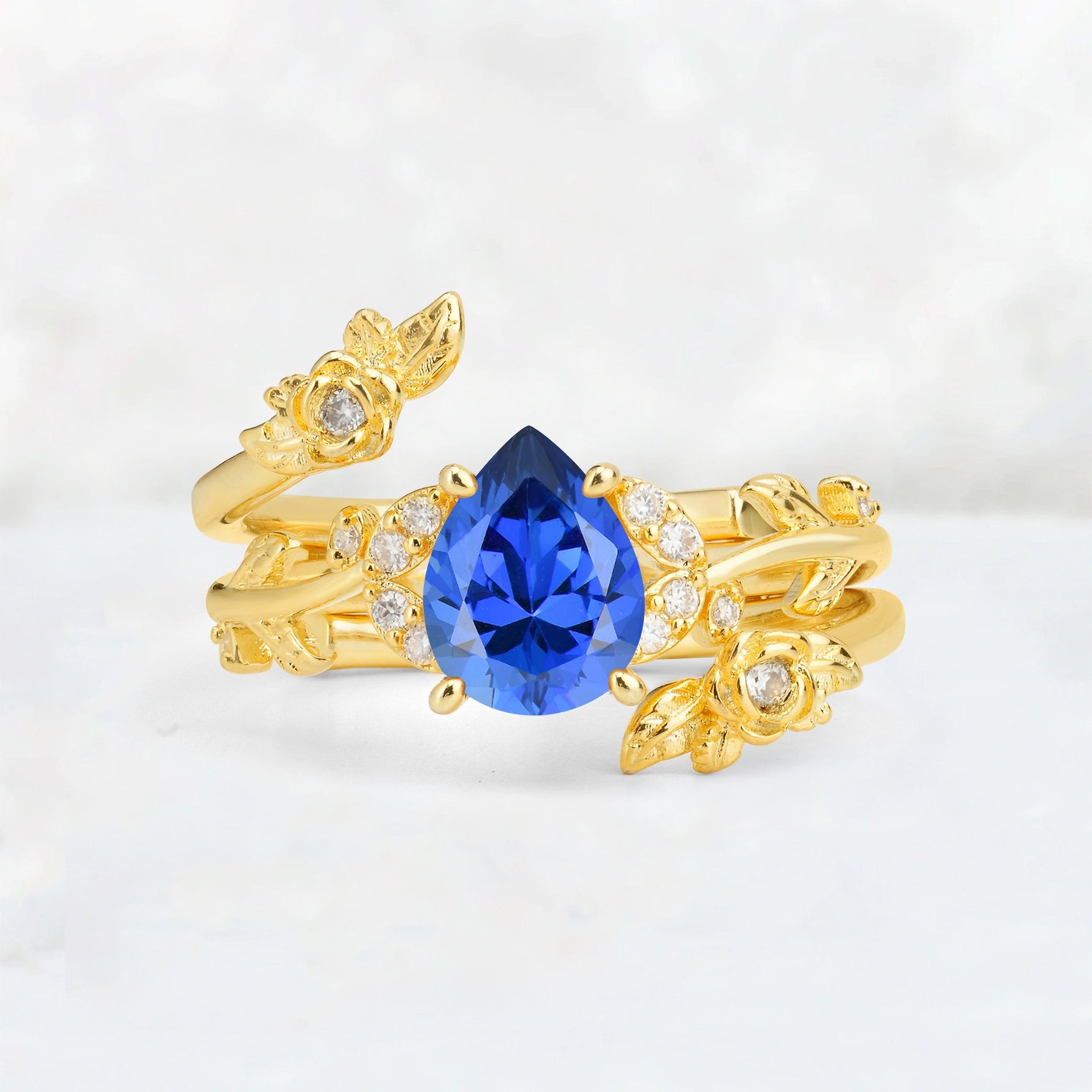 Pear Cut Sapphire Floral Vine Bridal Ring Set - Additional view