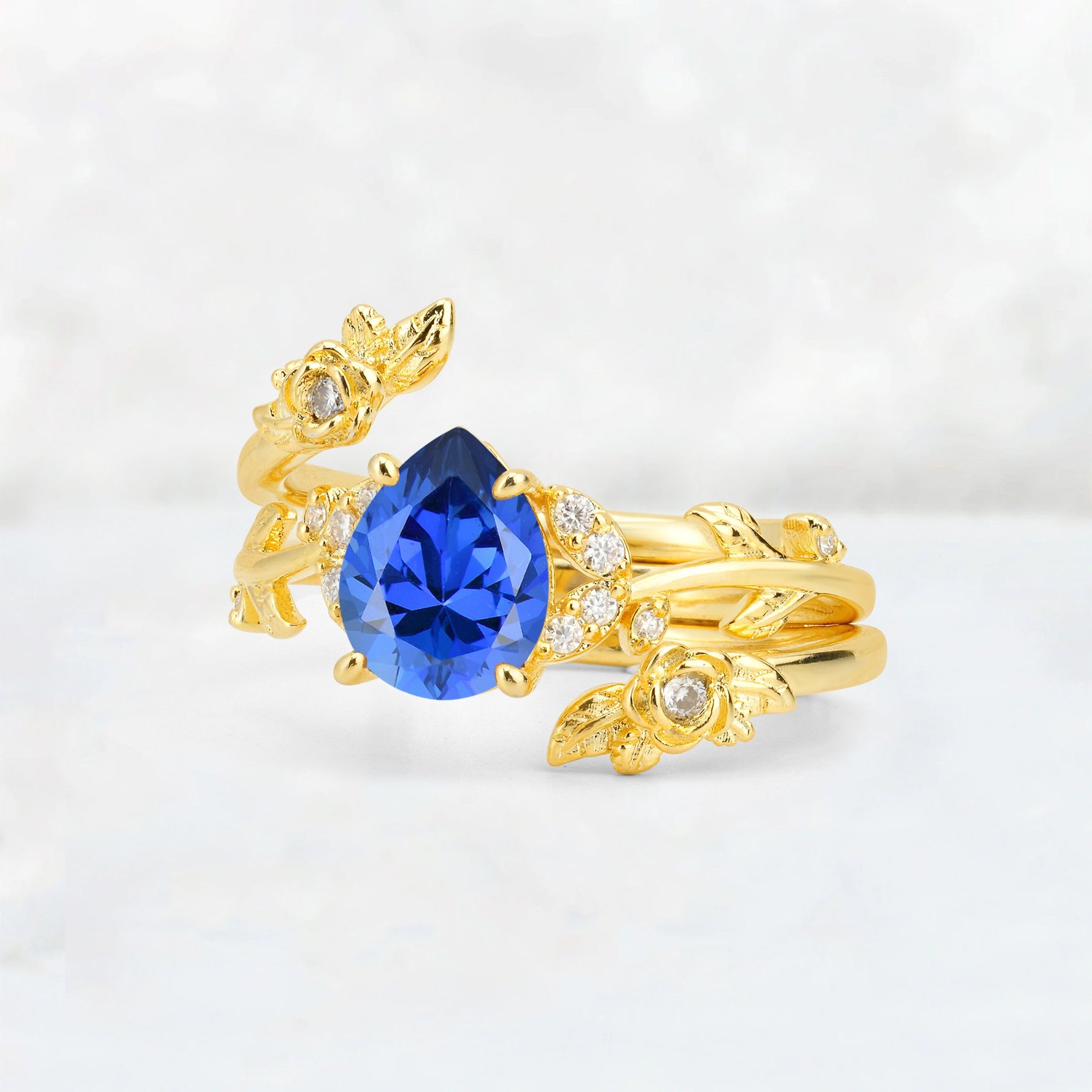 Pear Cut Sapphire Floral Vine Bridal Ring Set - Additional view