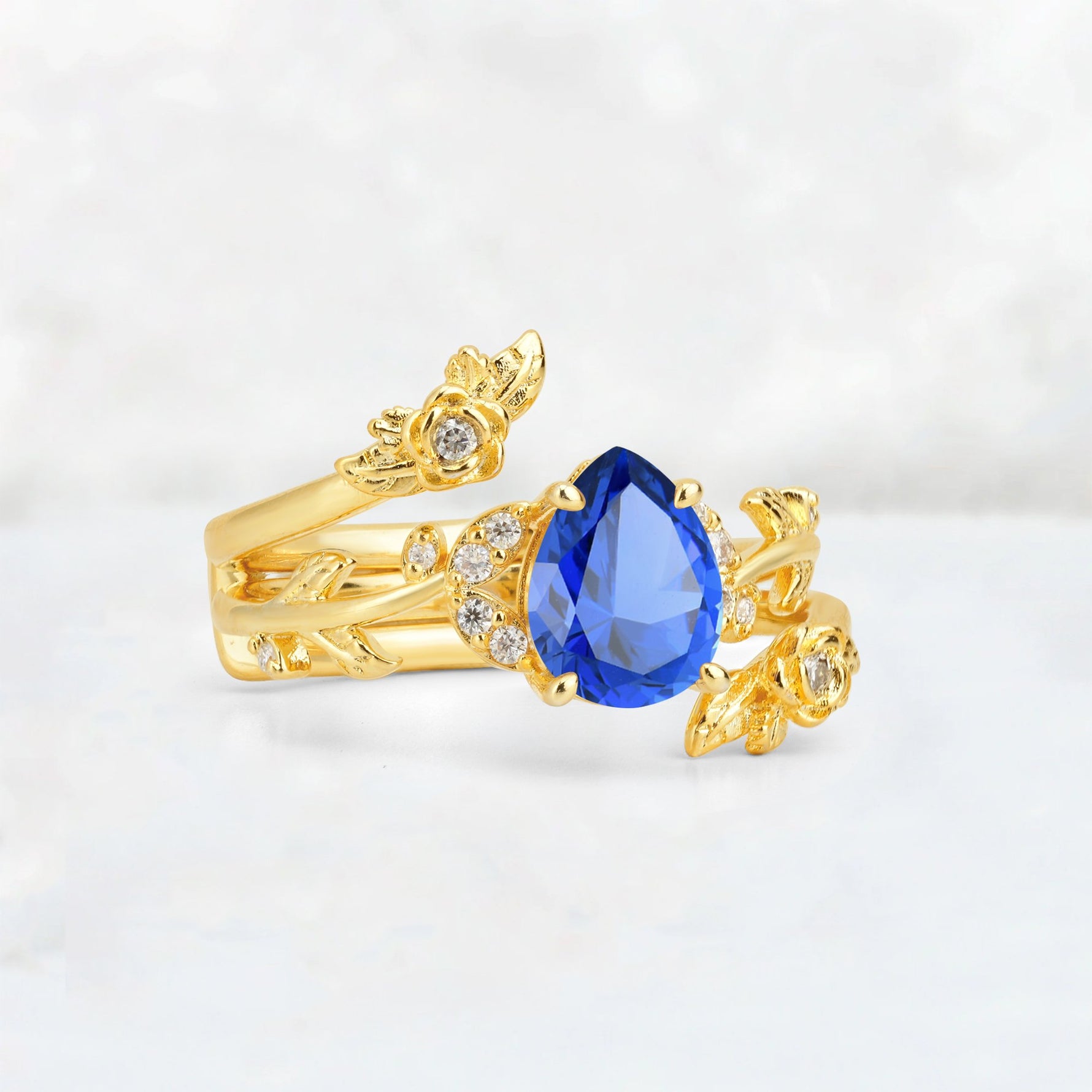 Pear Cut Sapphire Floral Vine Bridal Ring Set - Additional view