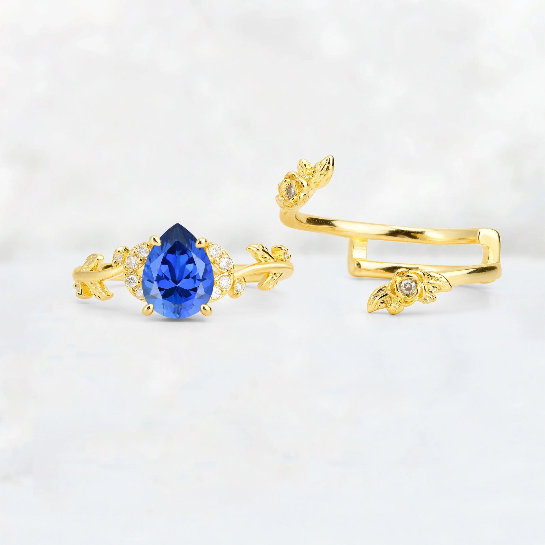Pear Cut Sapphire Floral Vine Bridal Ring Set - Additional view