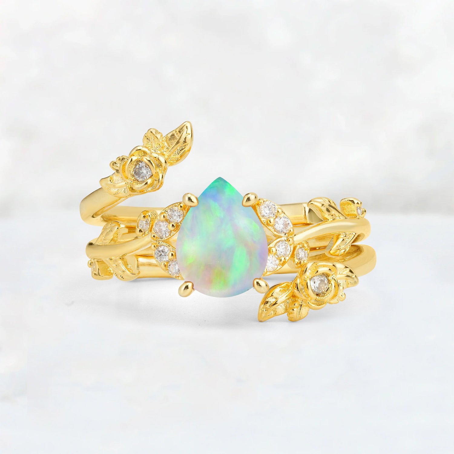 Pear Cut Fire Opal Floral Vine Bridal Ring Set - Additional view