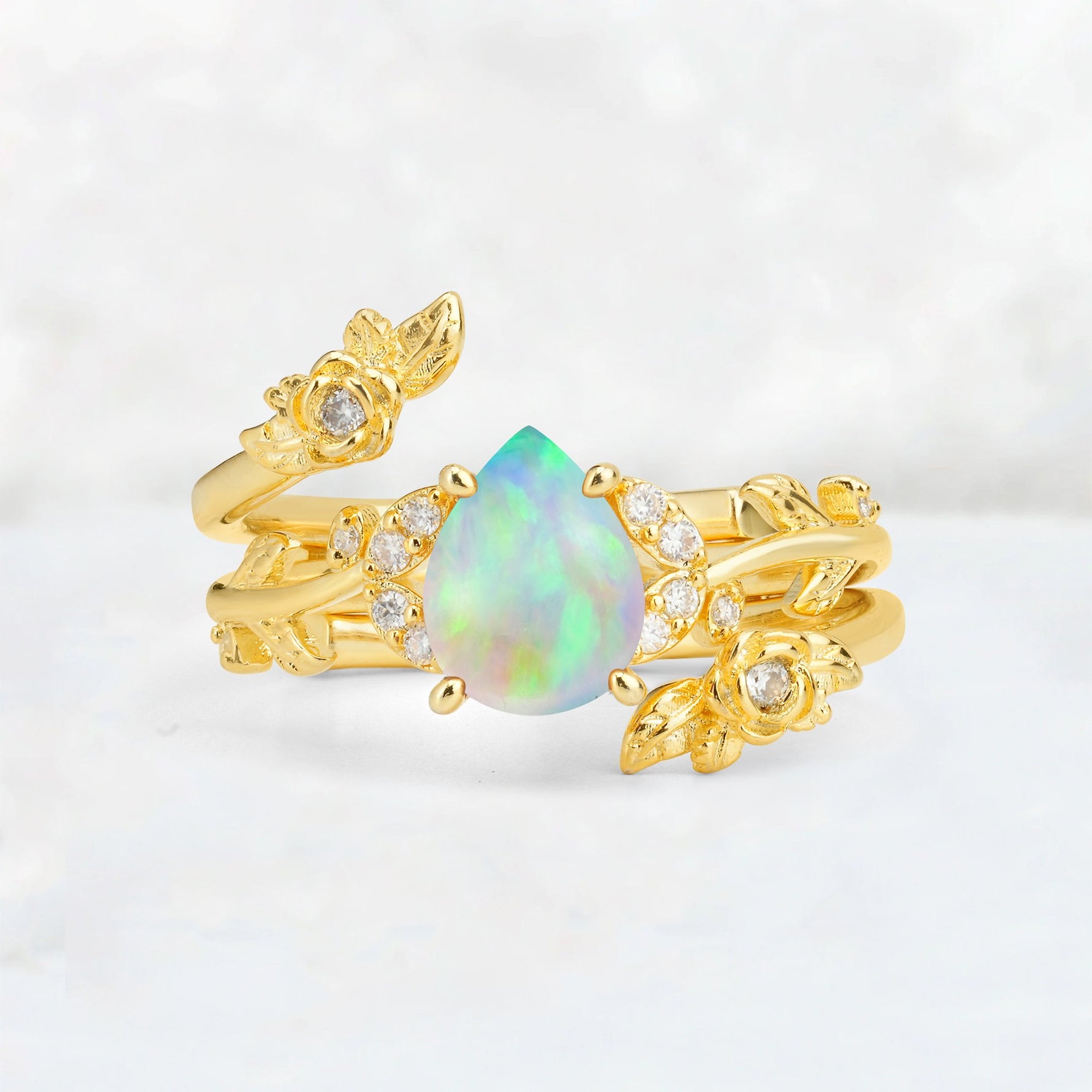 Pear Cut Fire Opal Floral Vine Bridal Ring Set - Additional view