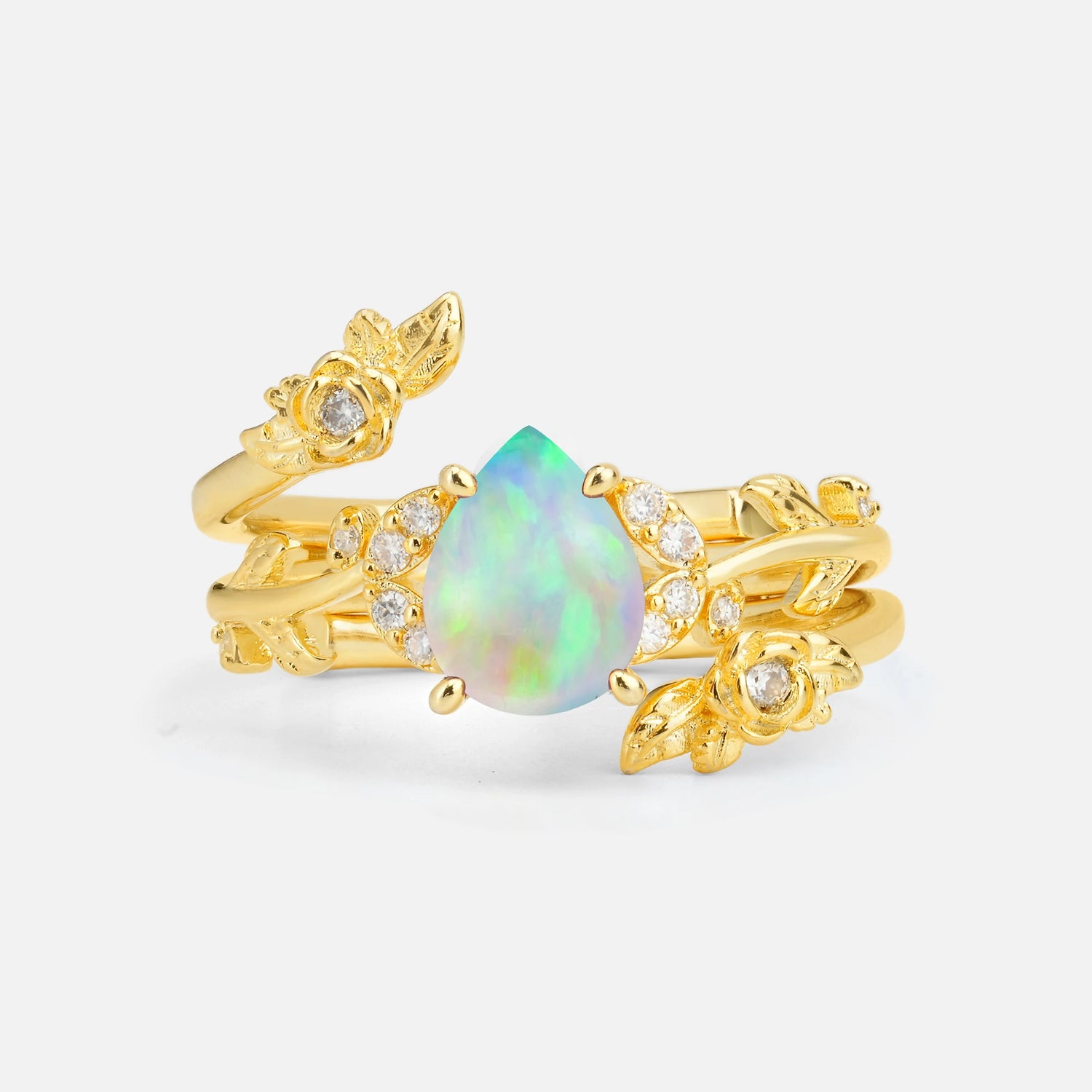 Pear Cut Fire Opal Floral Vine Bridal Ring Set