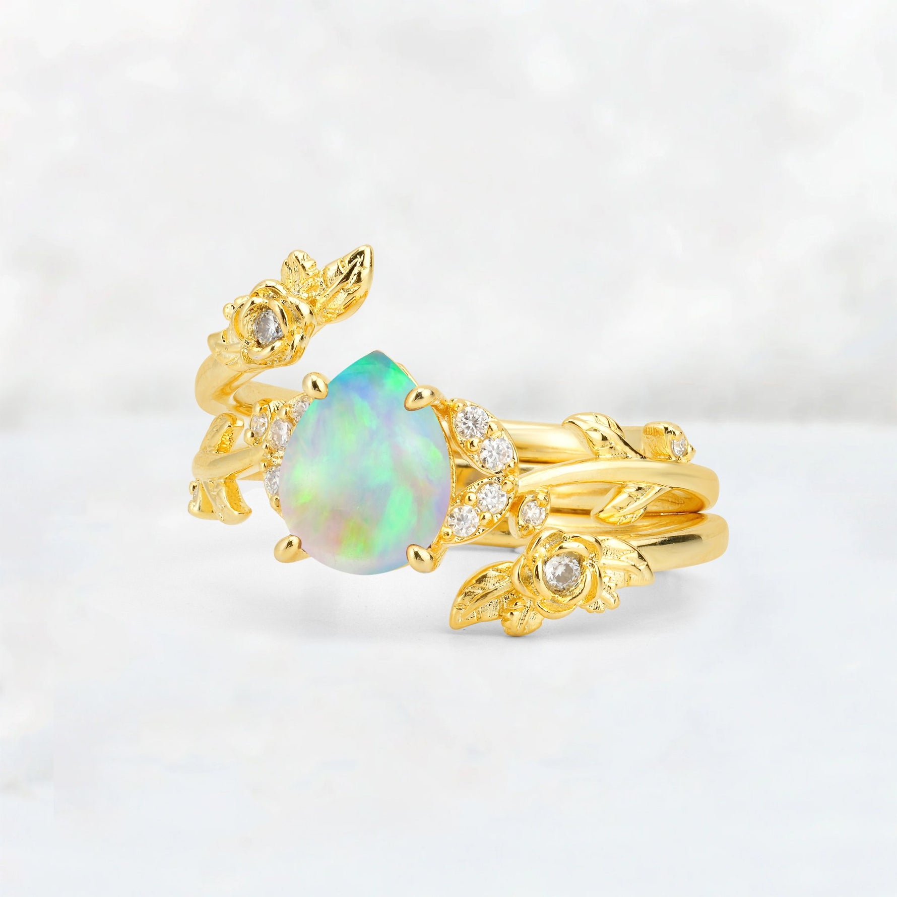 Pear Cut Fire Opal Floral Vine Bridal Ring Set - Additional view