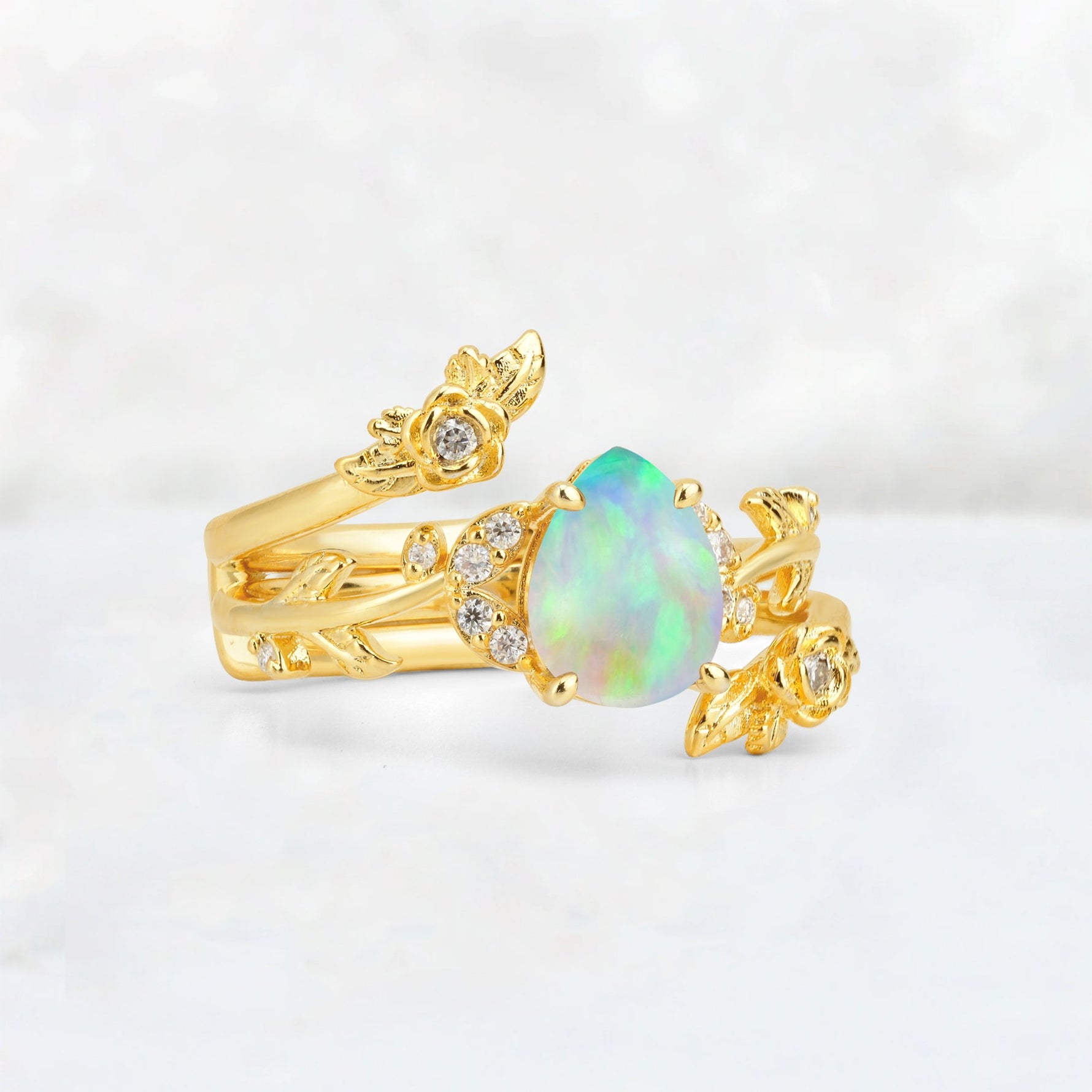 Pear Cut Fire Opal Floral Vine Bridal Ring Set - Additional view