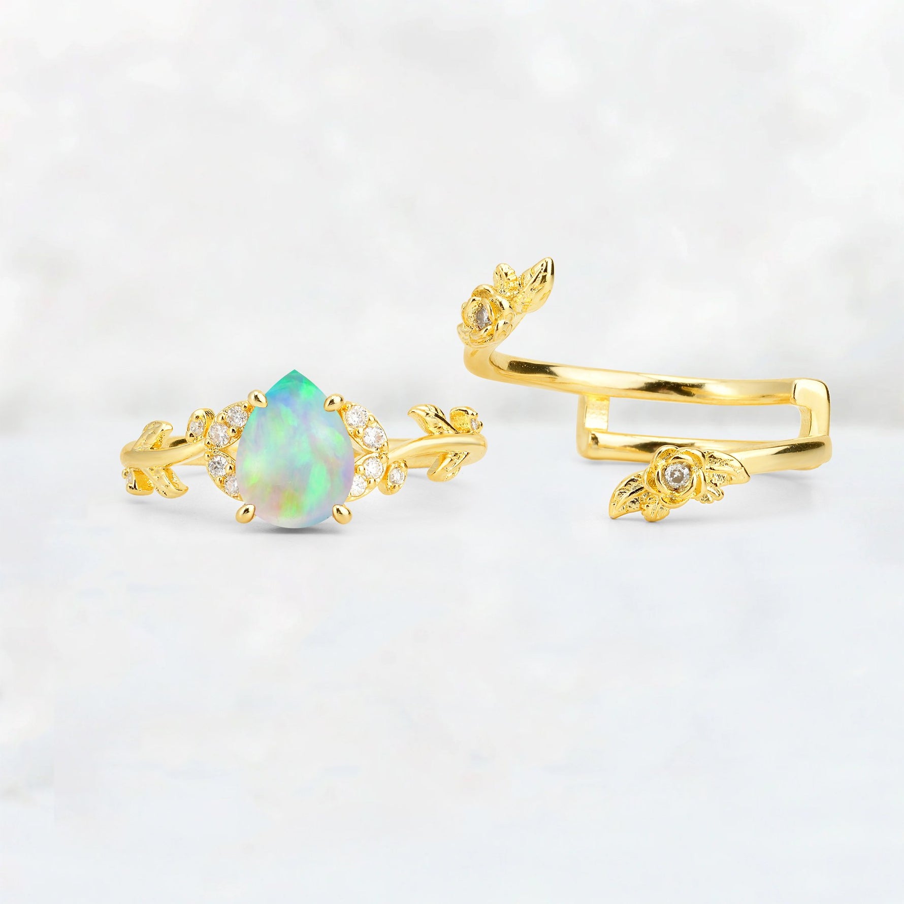 Pear Cut Fire Opal Floral Vine Bridal Ring Set - Additional view