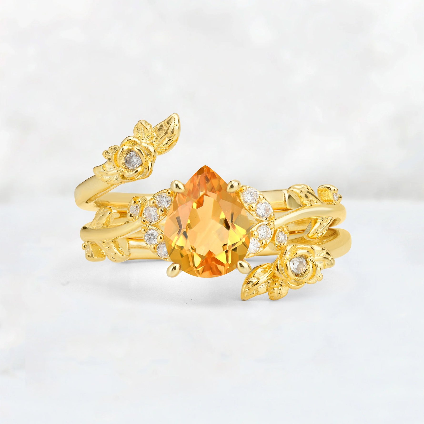 Pear Cut Citrine Floral Vine Bridal Ring Set - Additional view