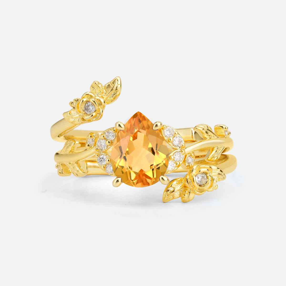 Pear Cut Citrine Floral Vine Bridal Ring Set