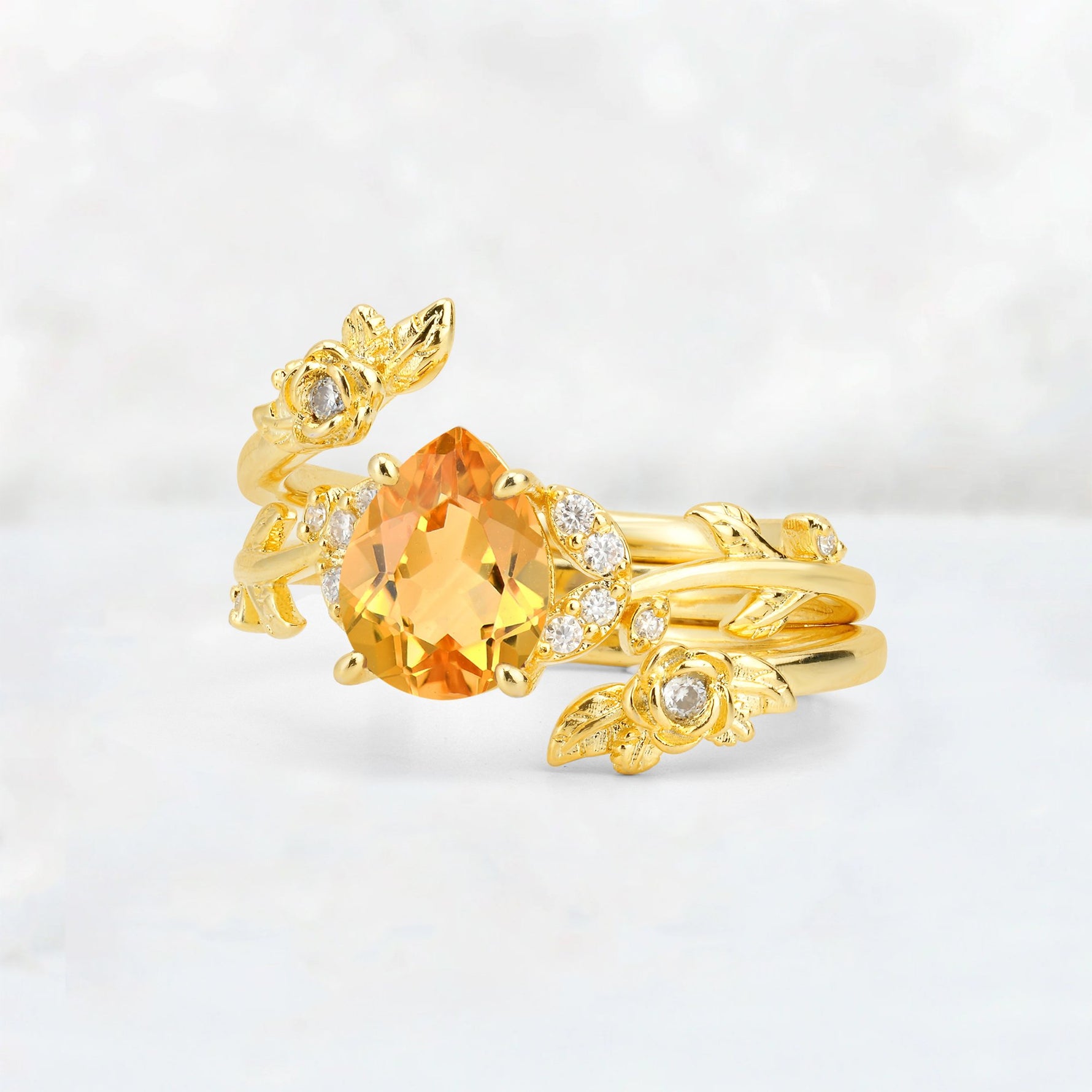 Pear Cut Citrine Floral Vine Bridal Ring Set - Additional view