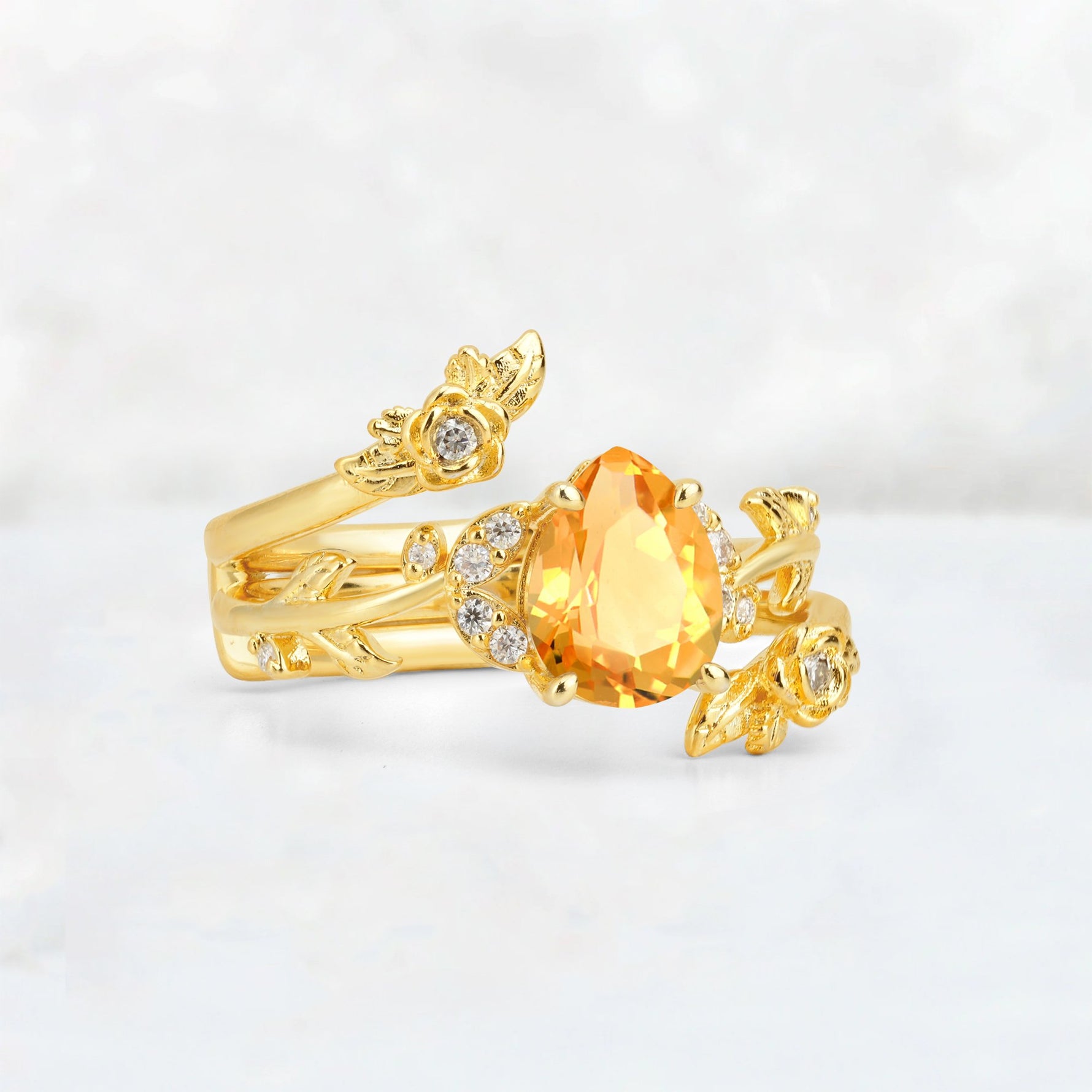 Pear Cut Citrine Floral Vine Bridal Ring Set - Additional view