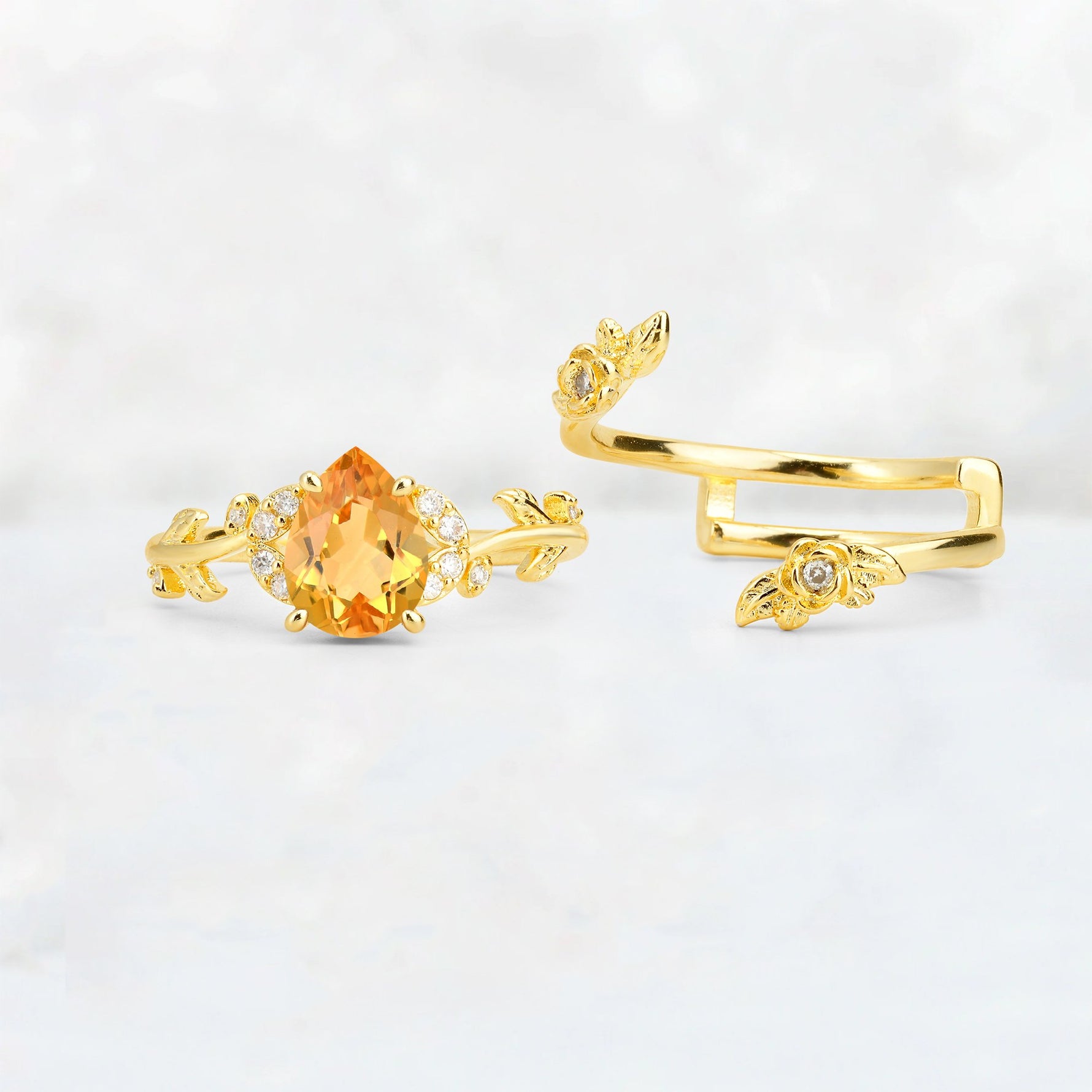 Pear Cut Citrine Floral Vine Bridal Ring Set - Additional view