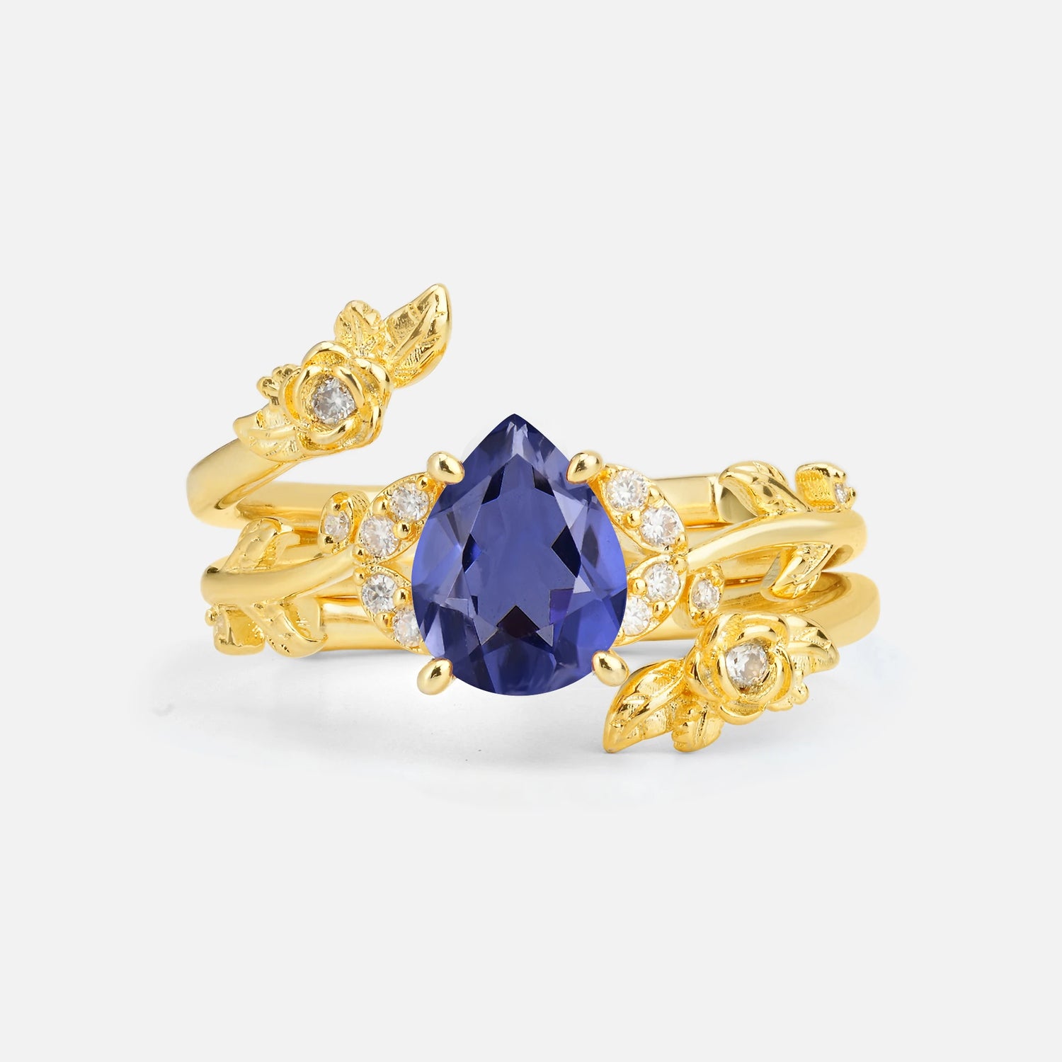Pear Cut Tanzanite Floral Vine Bridal Ring Set