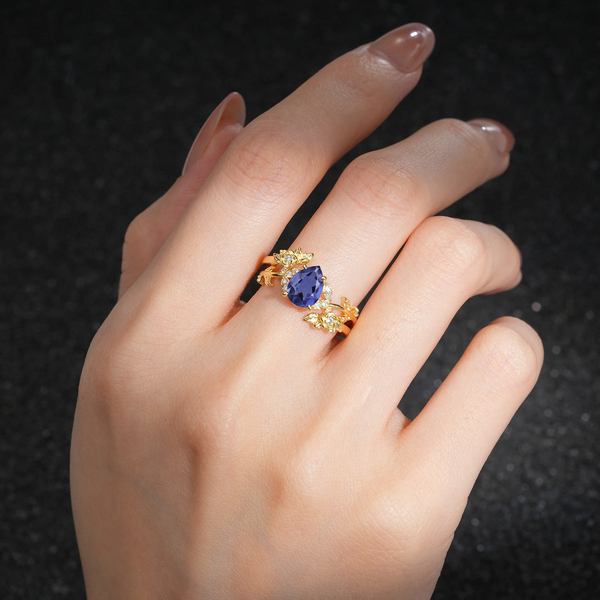 Pear Cut Tanzanite Floral Vine Bridal Ring Set