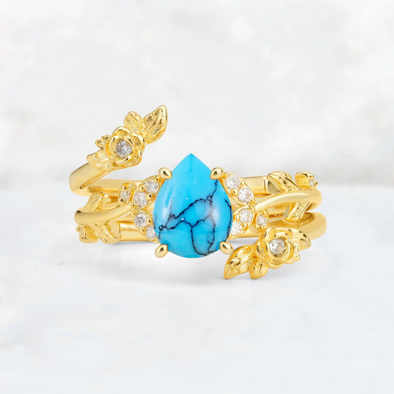 Pear Cut Turquoise Floral Vine Bridal Ring Set - Additional view